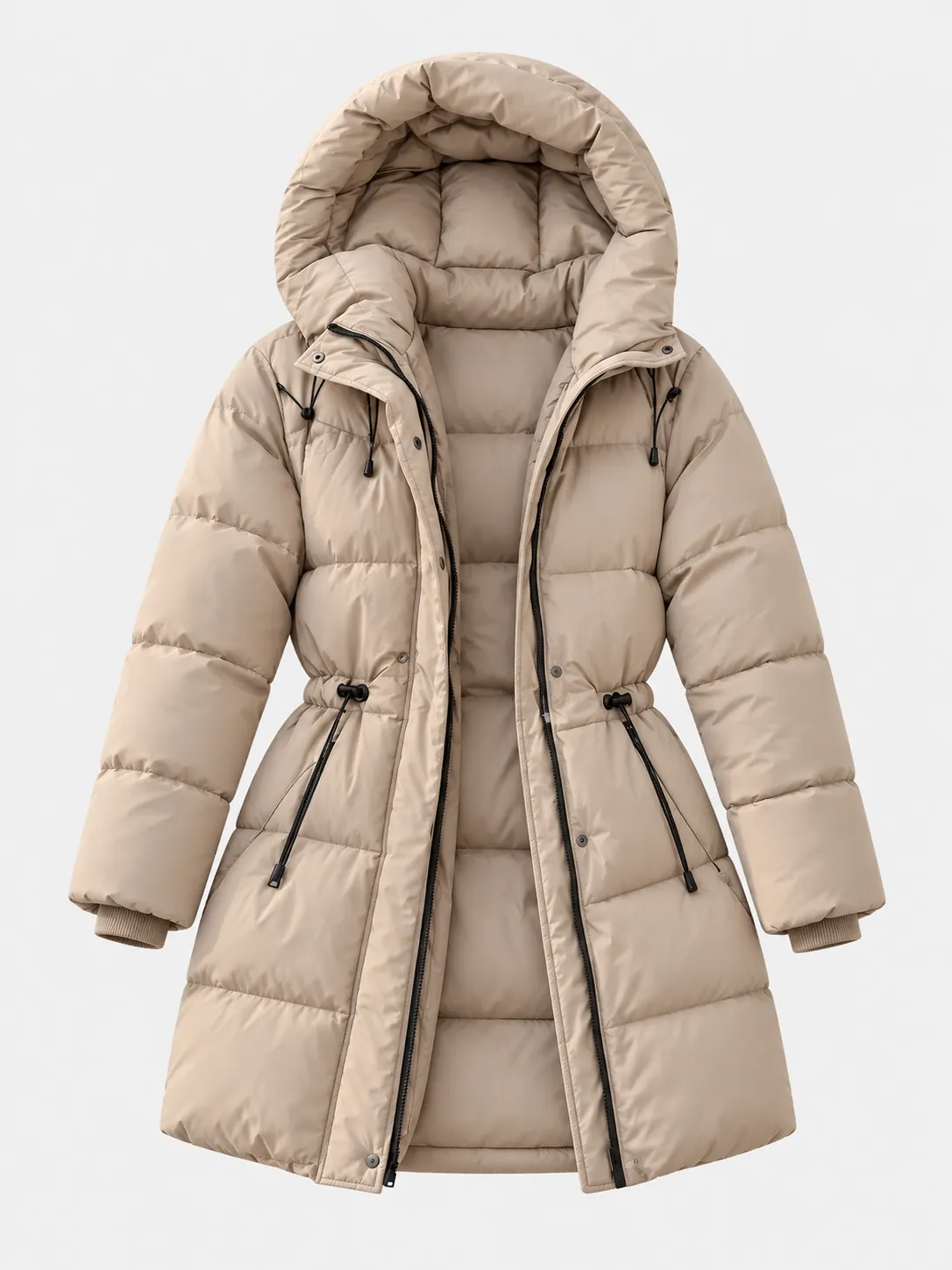 Drawstring Waist Hooded Puffer Coat