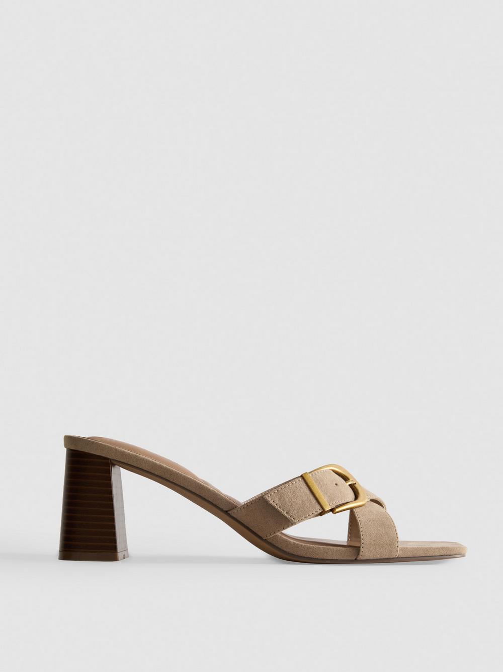 Buckle Block Heel Mule Sandals - Taupe