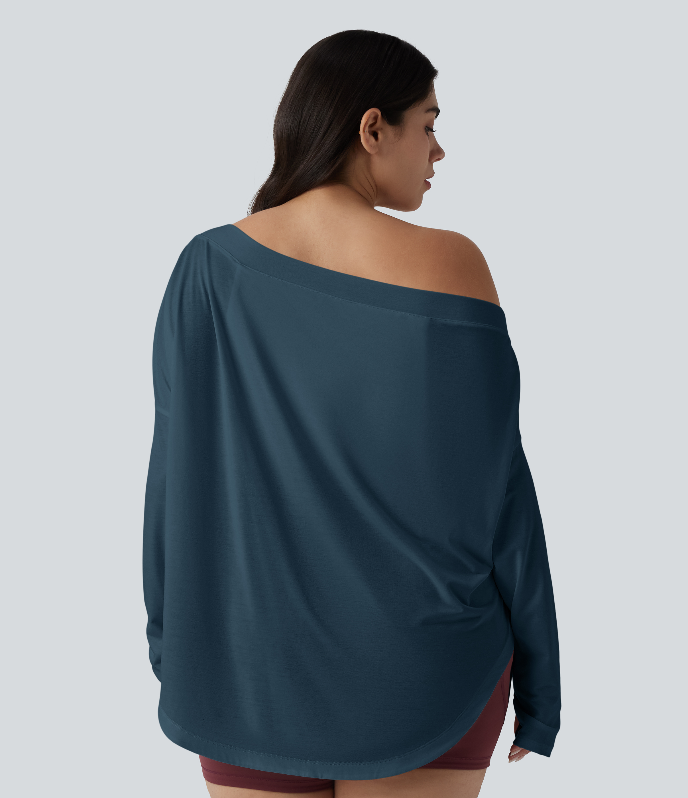 One Shoulder Long Sleeve Thumb Hole Curved Hem High Low Quick Dry Yoga Sports Top-Built-in Bra - Majolica Blue