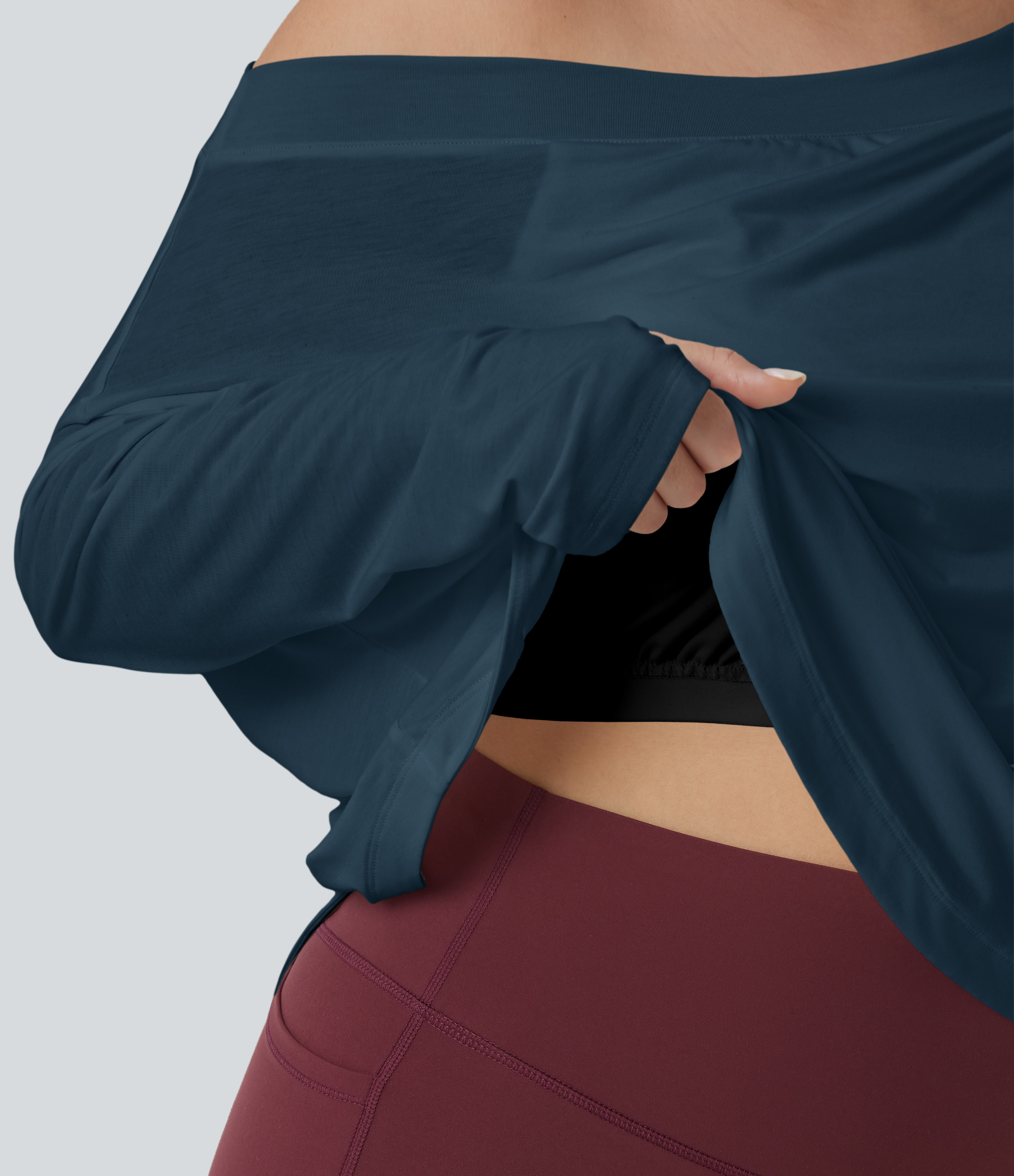 One Shoulder Long Sleeve Thumb Hole Curved Hem High Low Quick Dry Yoga Sports Top-Built-in Bra - Majolica Blue