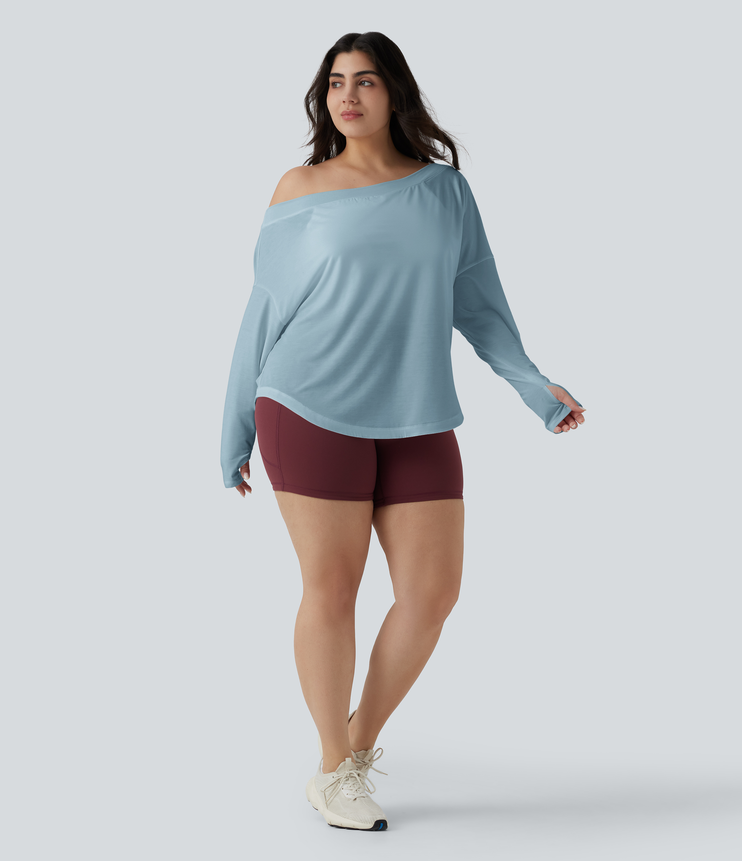 One Shoulder Long Sleeve Thumb Hole Curved Hem High Low Quick Dry Yoga Sports Top-Built-in Bra - Angel Falls