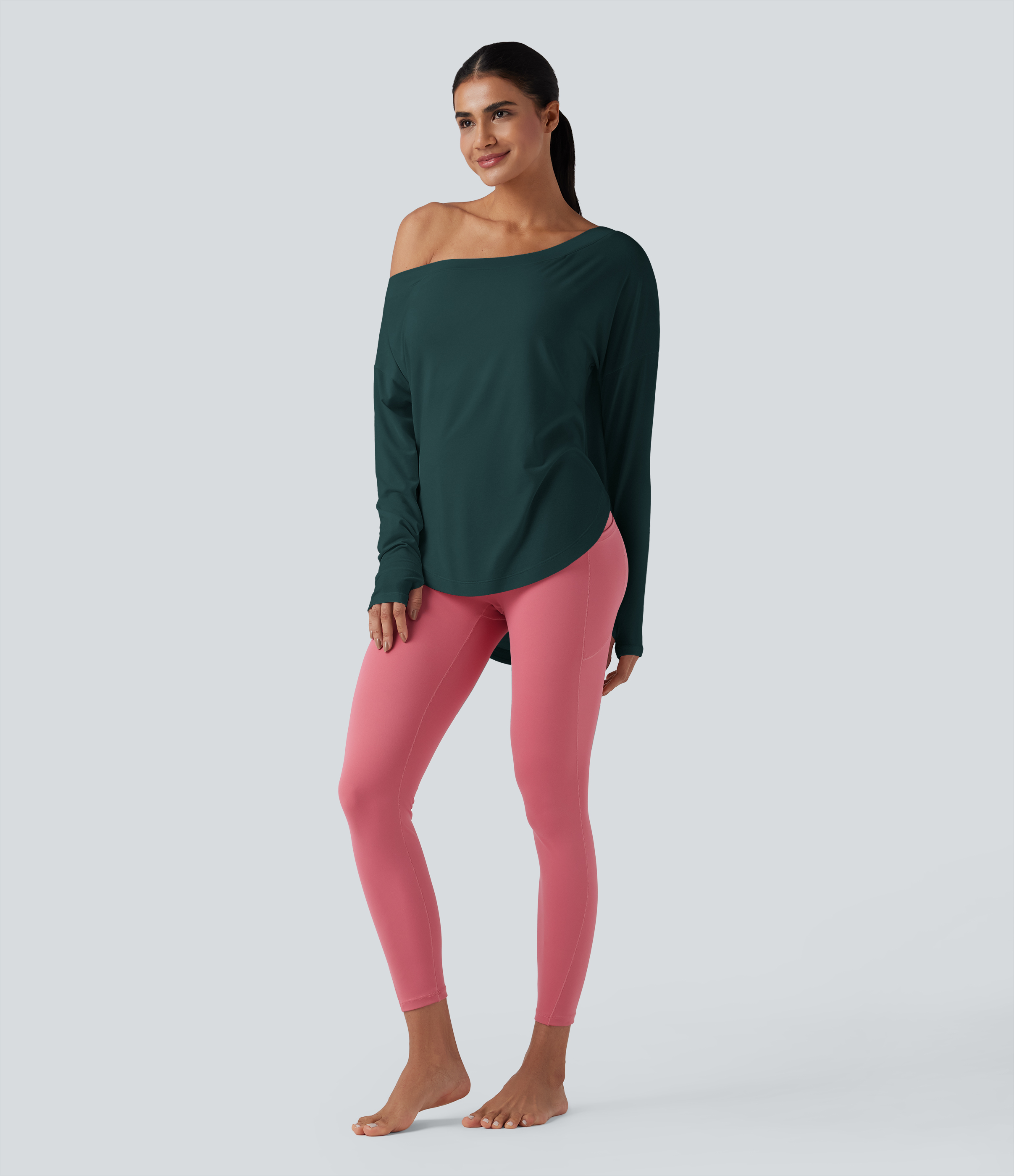 One Shoulder Long Sleeve Thumb Hole Curved Hem High Low Quick Dry Yoga Sports Top-Built-in Bra - Copper Green