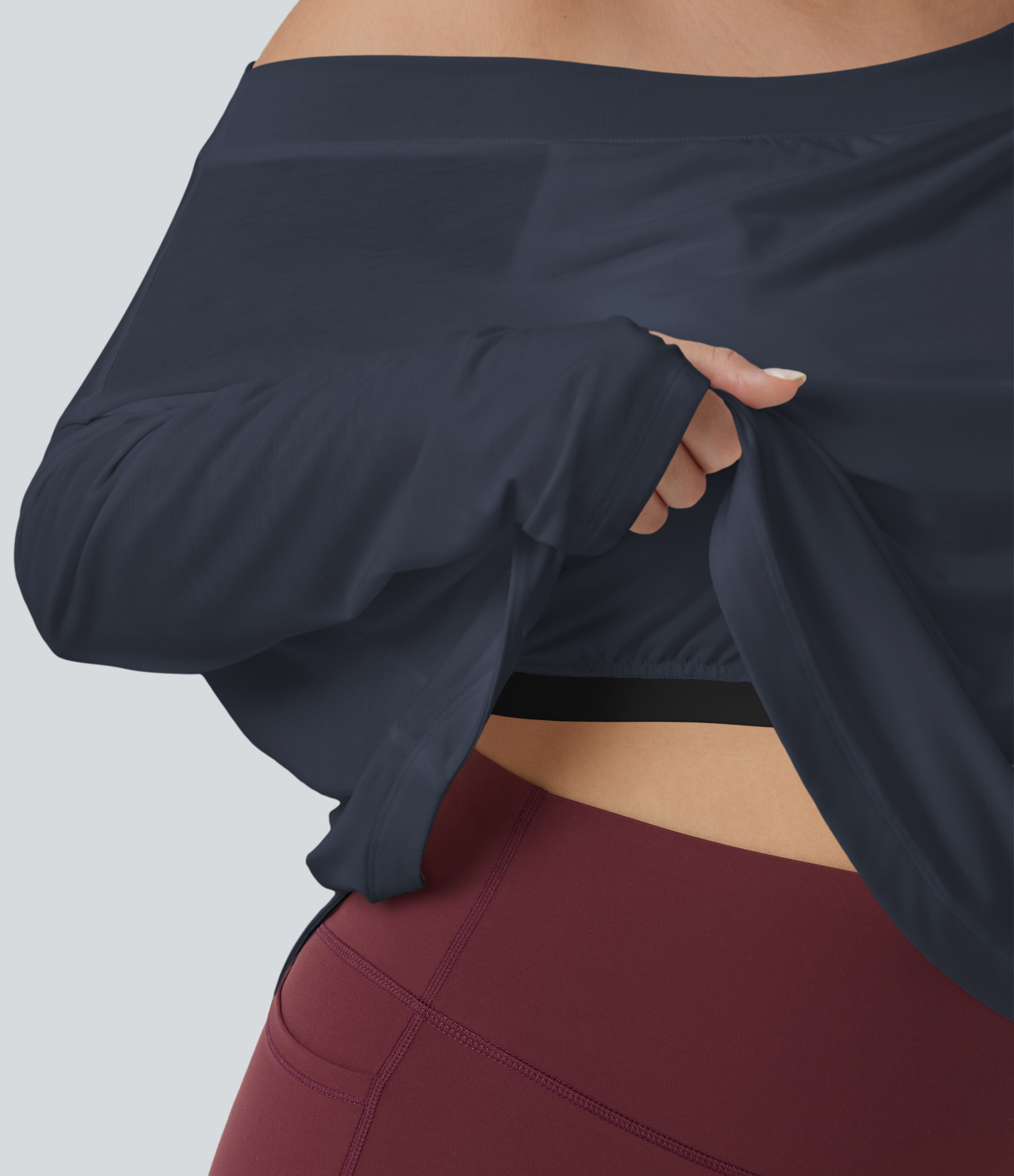 One Shoulder Long Sleeve Thumb Hole Curved Hem High Low Quick Dry Yoga Sports Top-Built-in Bra - Mood Indigo