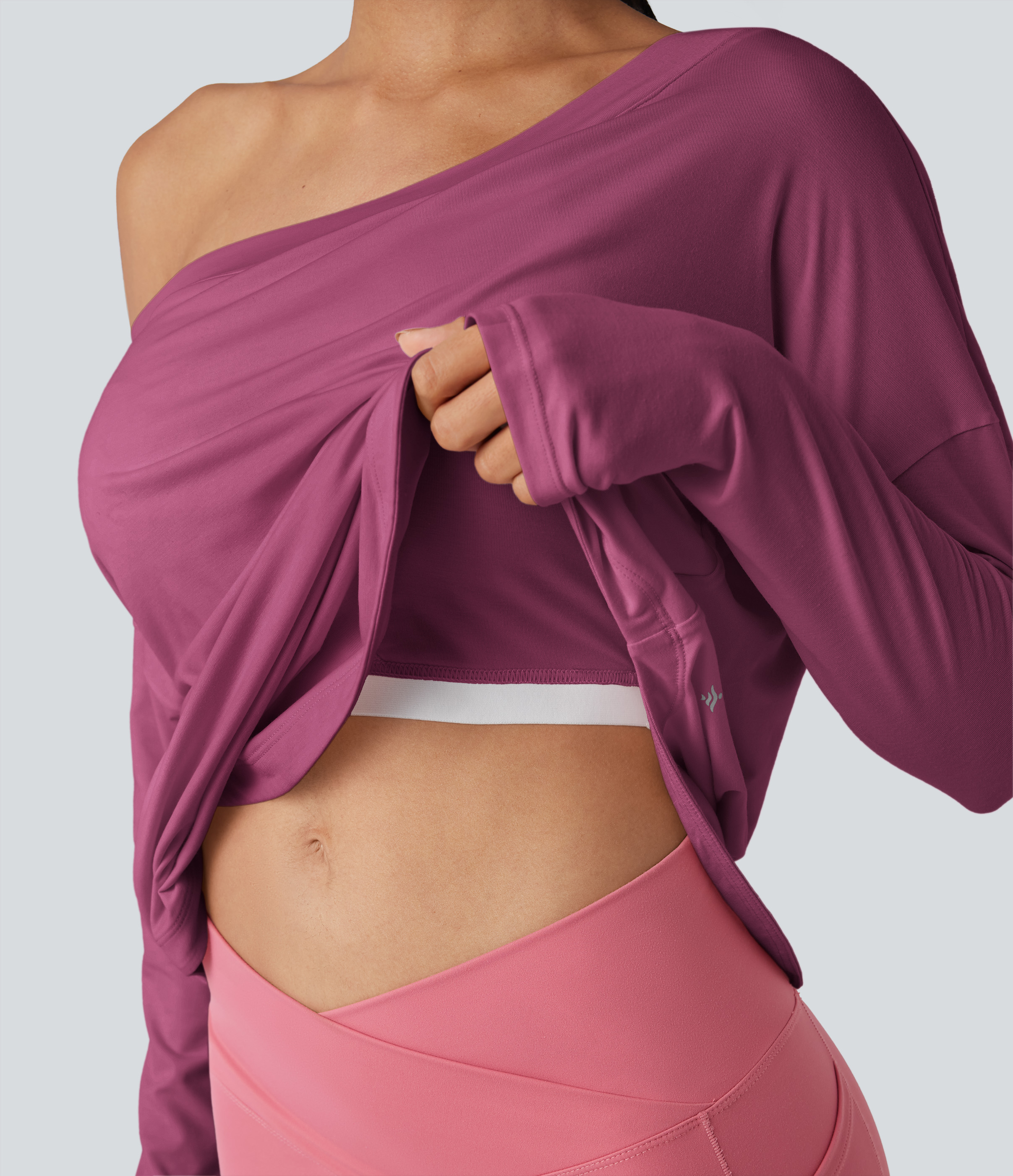 One Shoulder Long Sleeve Thumb Hole Curved Hem High Low Quick Dry Yoga Sports Top-Built-in Bra - Fuchsia Fedora