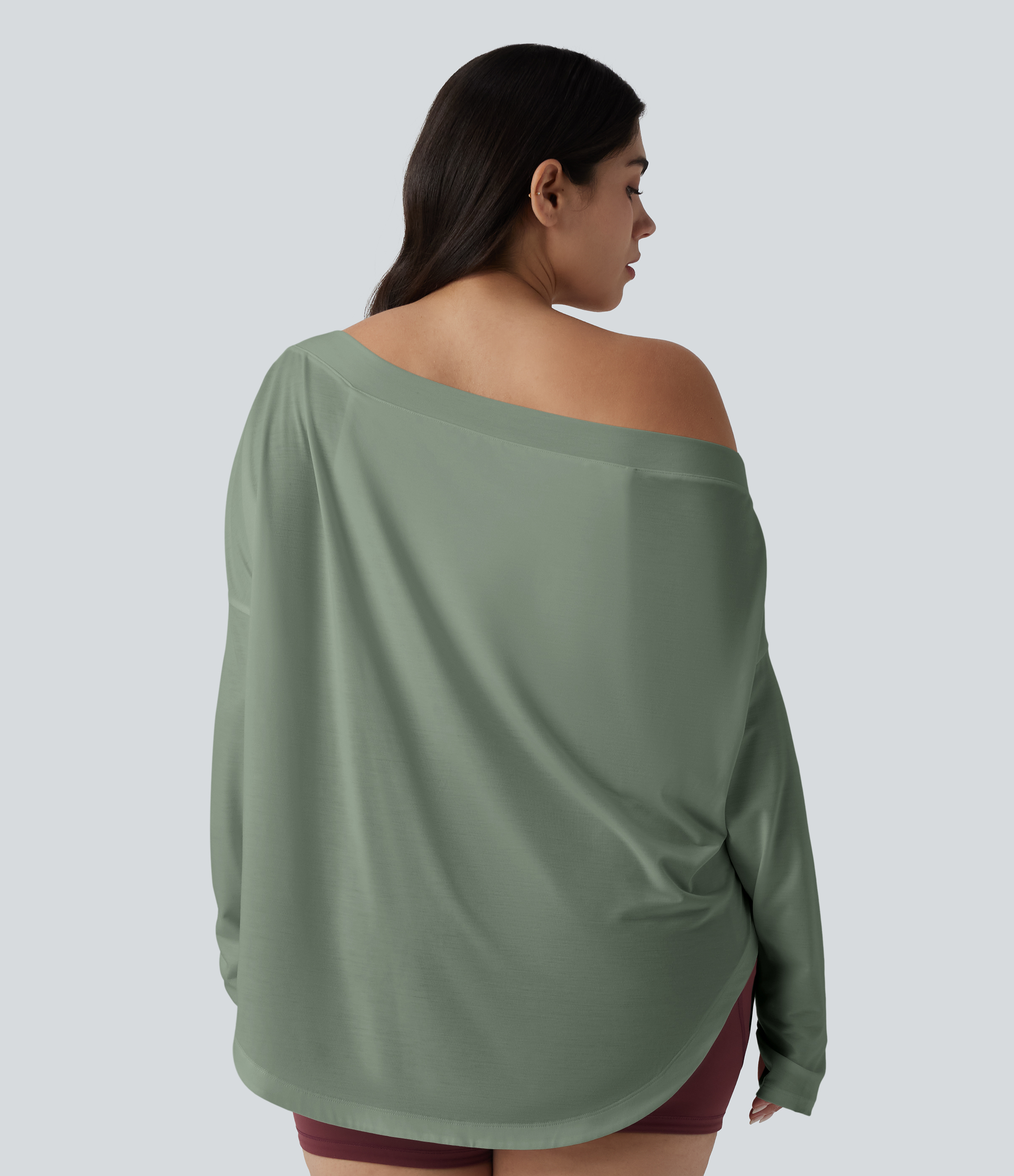 One Shoulder Long Sleeve Thumb Hole Curved Hem High Low Quick Dry Yoga Sports Top-Built-in Bra - Iceberg Green
