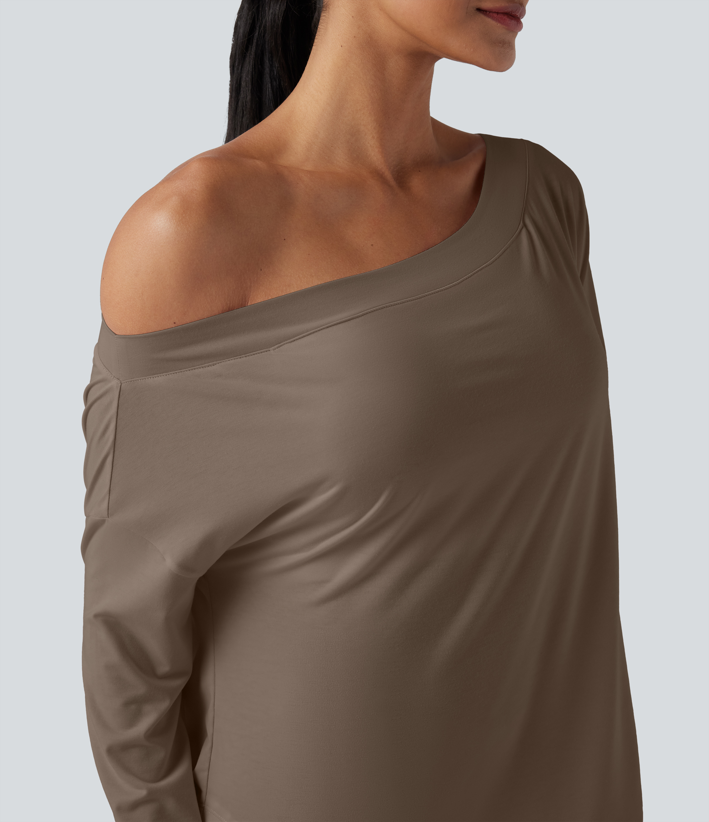 One Shoulder Long Sleeve Thumb Hole Curved Hem High Low Quick Dry Yoga Sports Top-Built-in Bra - Dawn Brown