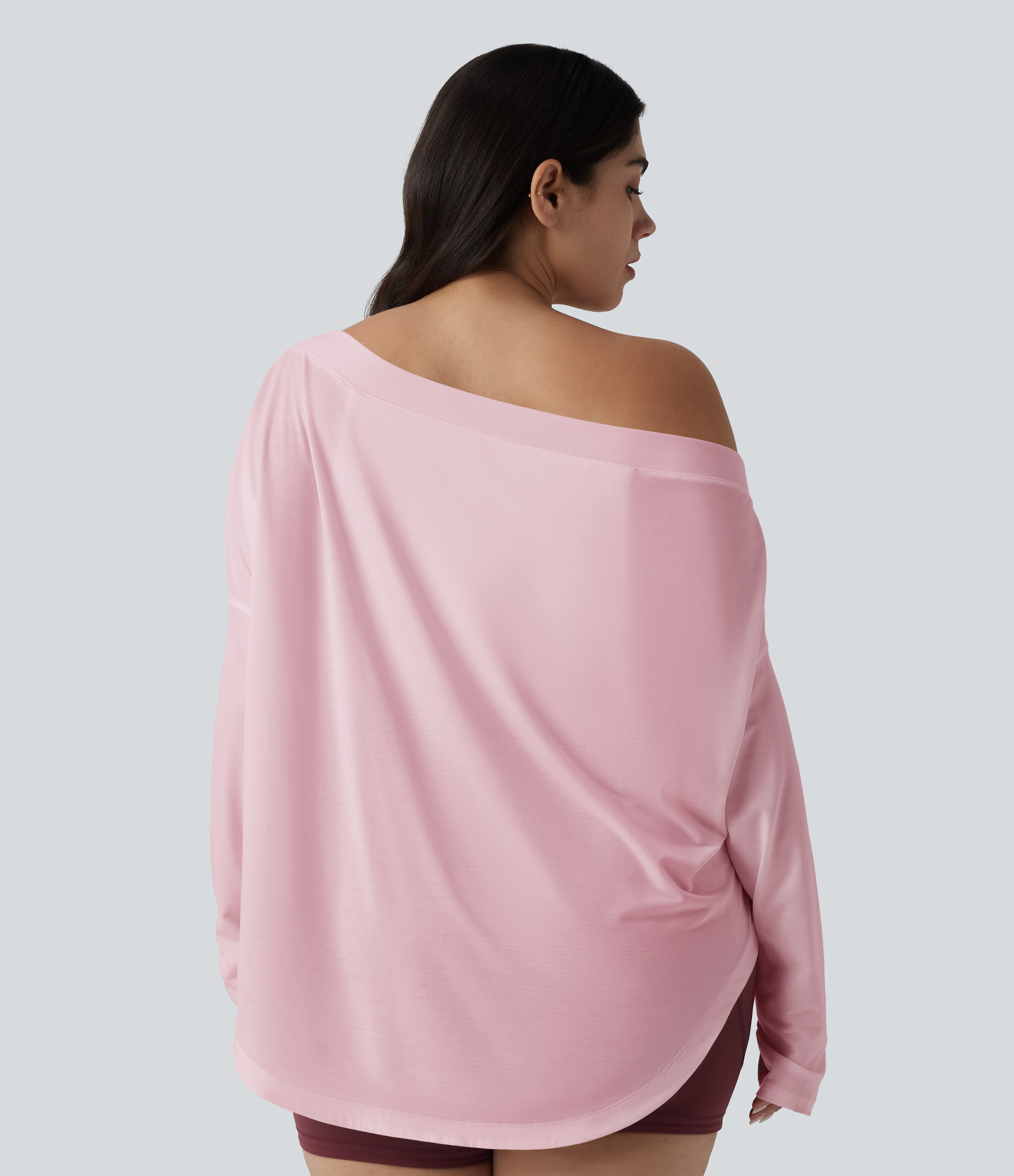 One Shoulder Long Sleeve Thumb Hole Curved Hem High Low Quick Dry Yoga Sports Top-Built-in Bra - Pale Lilac