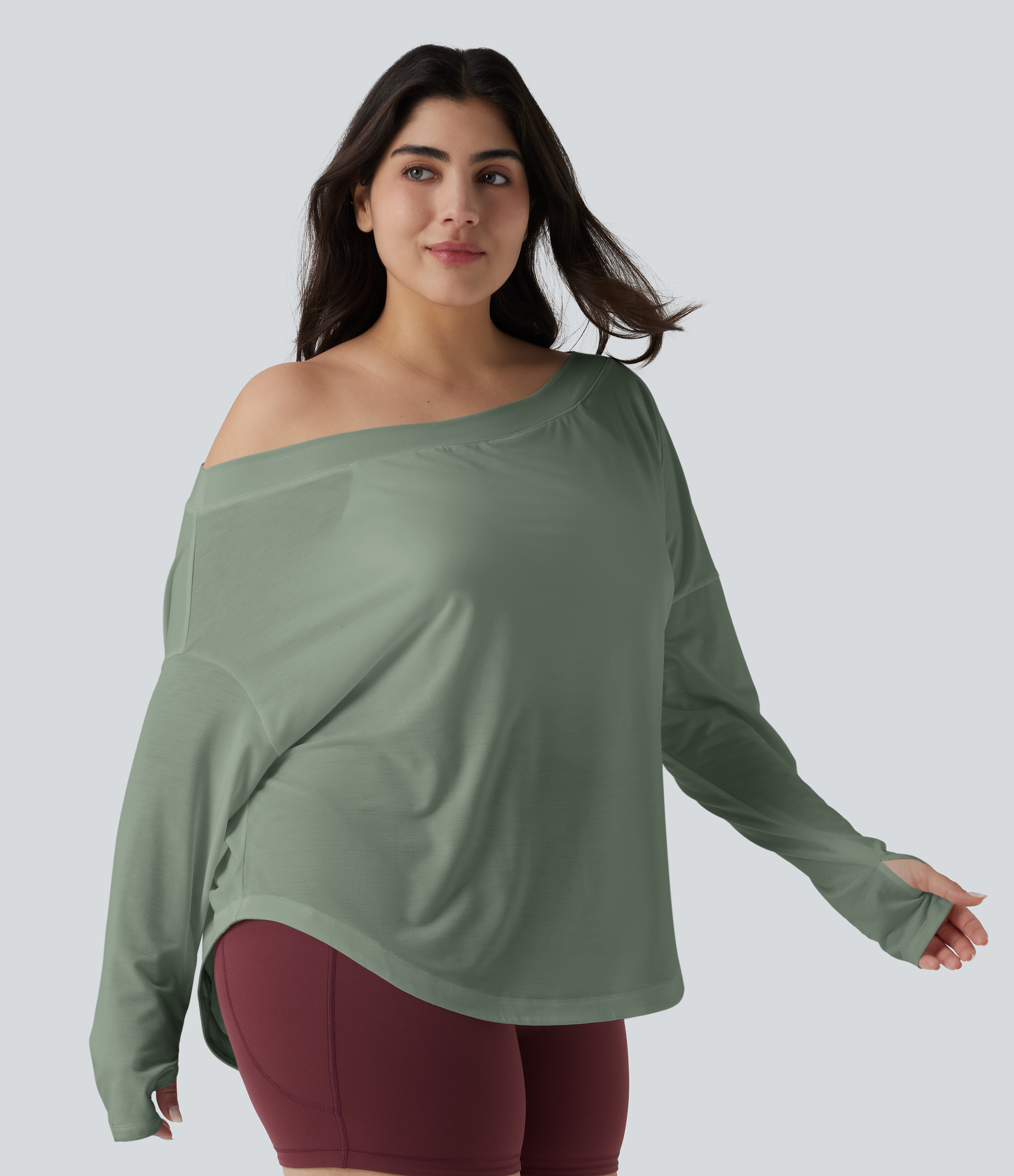 One Shoulder Long Sleeve Thumb Hole Curved Hem High Low Quick Dry Yoga Sports Top-Built-in Bra - Iceberg Green