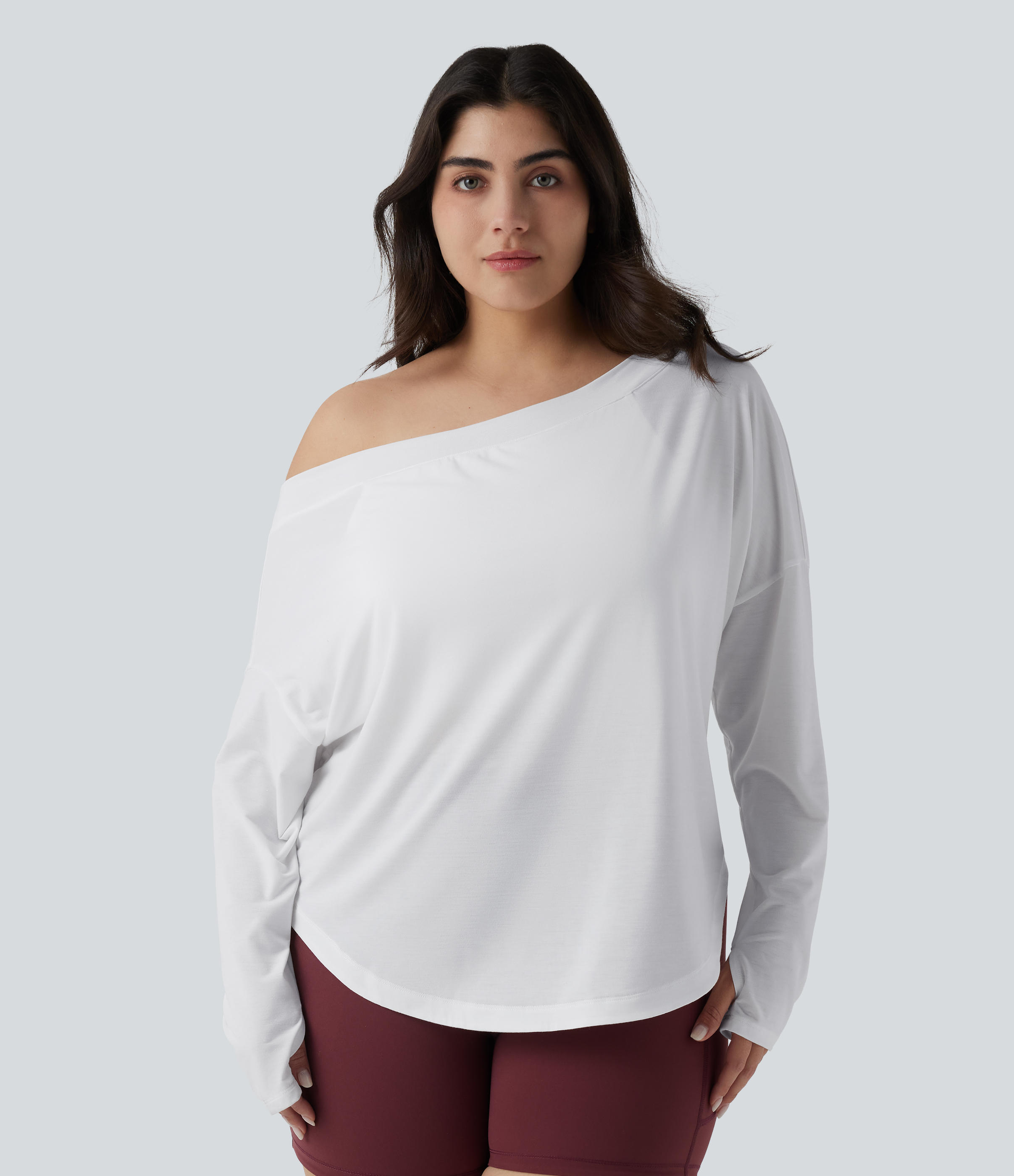 One Shoulder Long Sleeve Thumb Hole Curved Hem High Low Quick Dry Yoga Sports Top-Built-in Bra - White