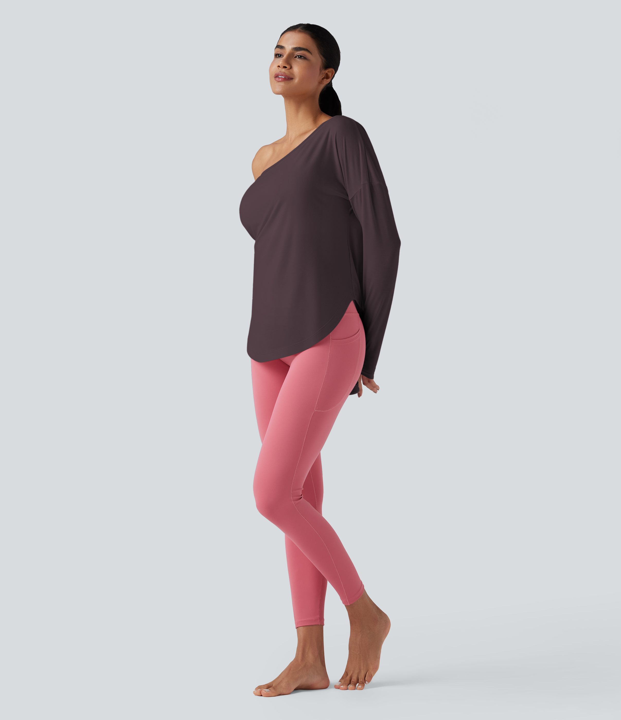 One Shoulder Long Sleeve Thumb Hole Curved Hem High Low Quick Dry Yoga Sports Top-Built-in Bra - Night's Purple