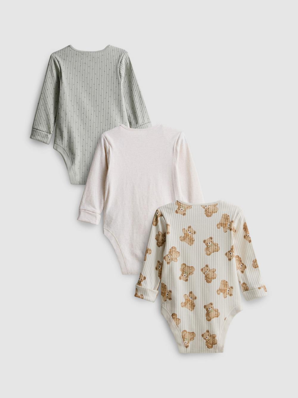 0-18mths | 3pk Pure Cotton Long-Sleeve Newborn Onesies - Taupe