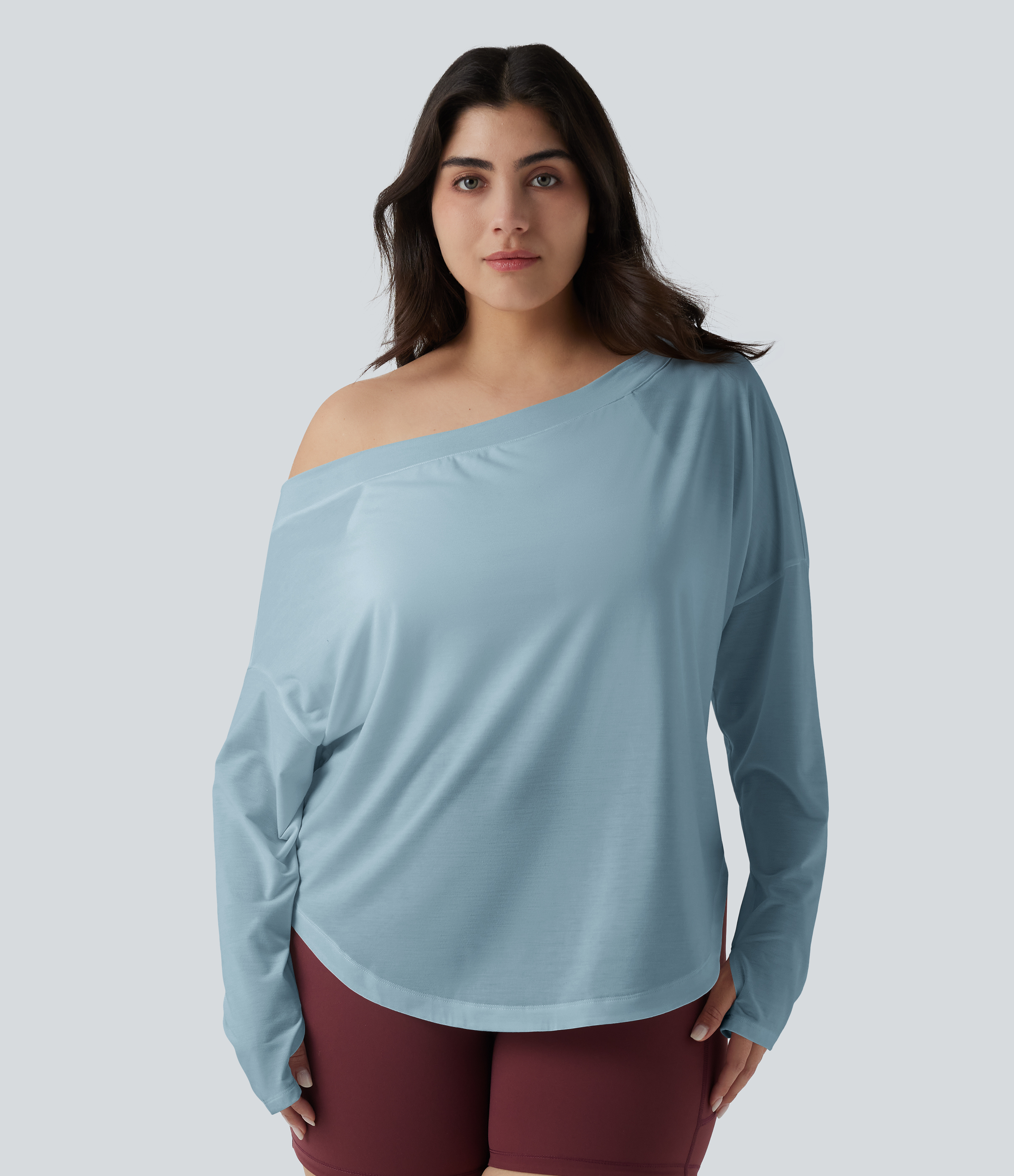 One Shoulder Long Sleeve Thumb Hole Curved Hem High Low Quick Dry Yoga Sports Top-Built-in Bra - Angel Falls