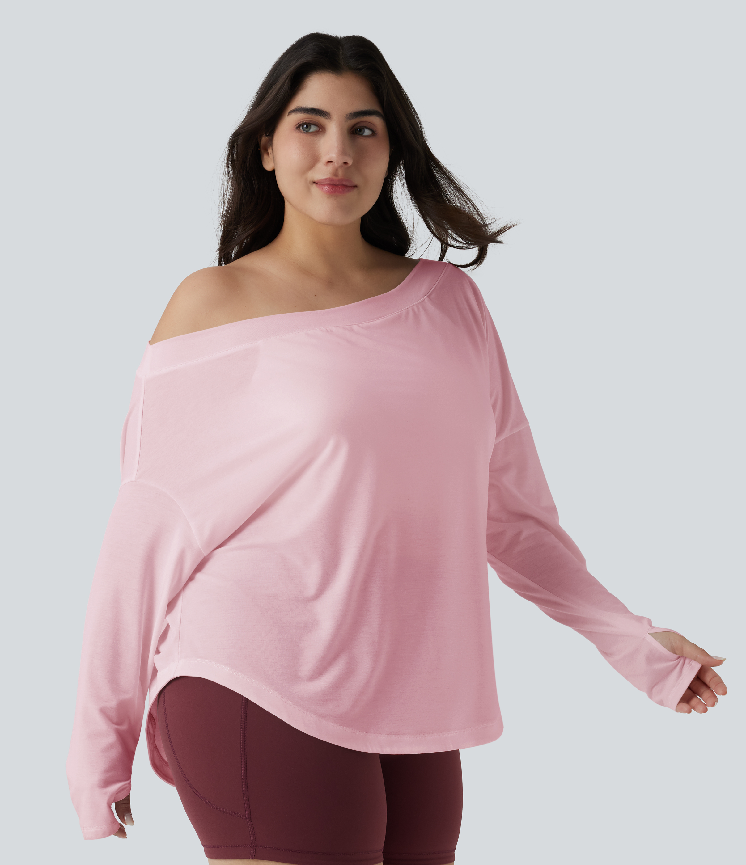 One Shoulder Long Sleeve Thumb Hole Curved Hem High Low Quick Dry Yoga Sports Top-Built-in Bra - Pale Lilac