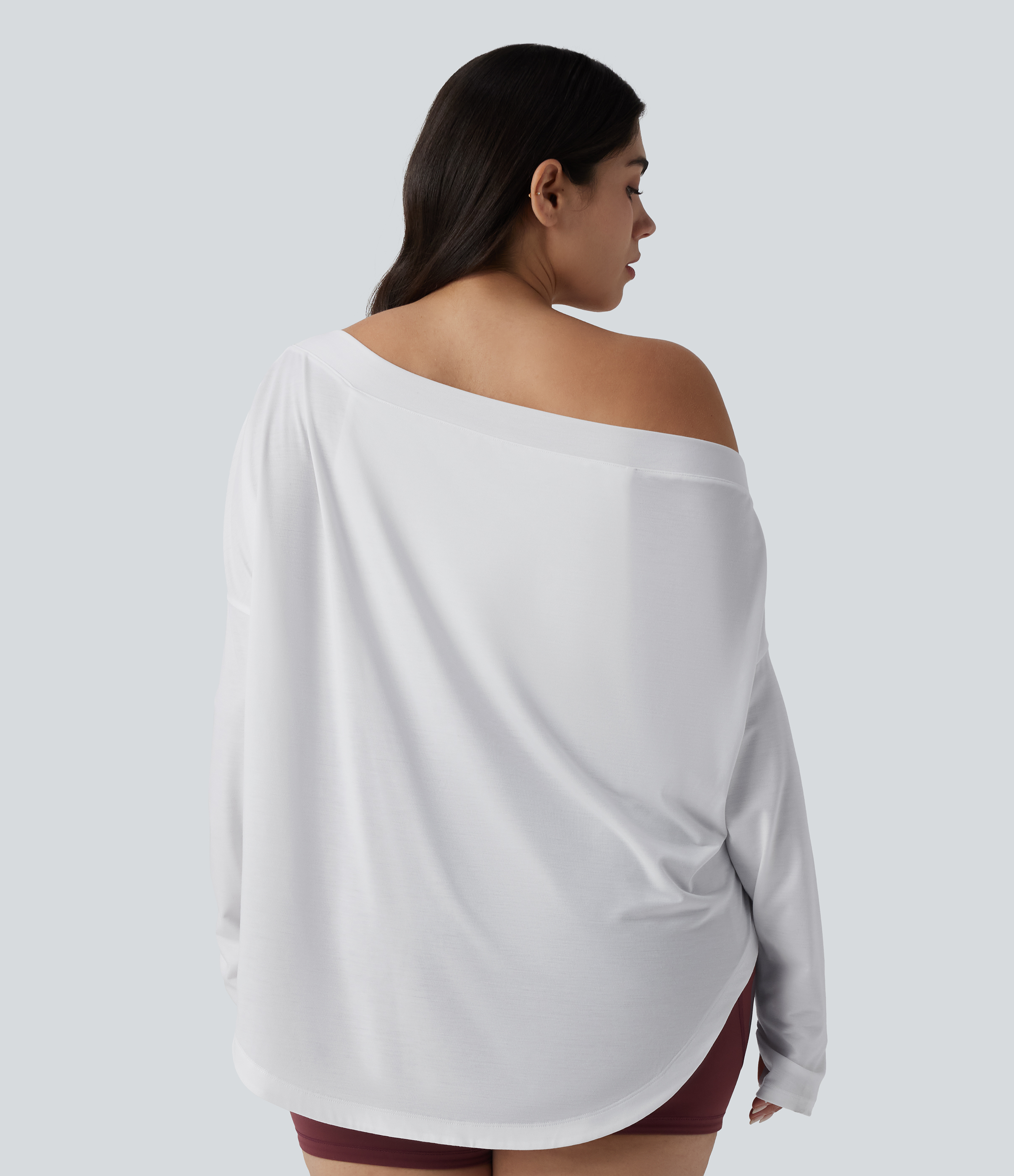 One Shoulder Long Sleeve Thumb Hole Curved Hem High Low Quick Dry Yoga Sports Top-Built-in Bra - White