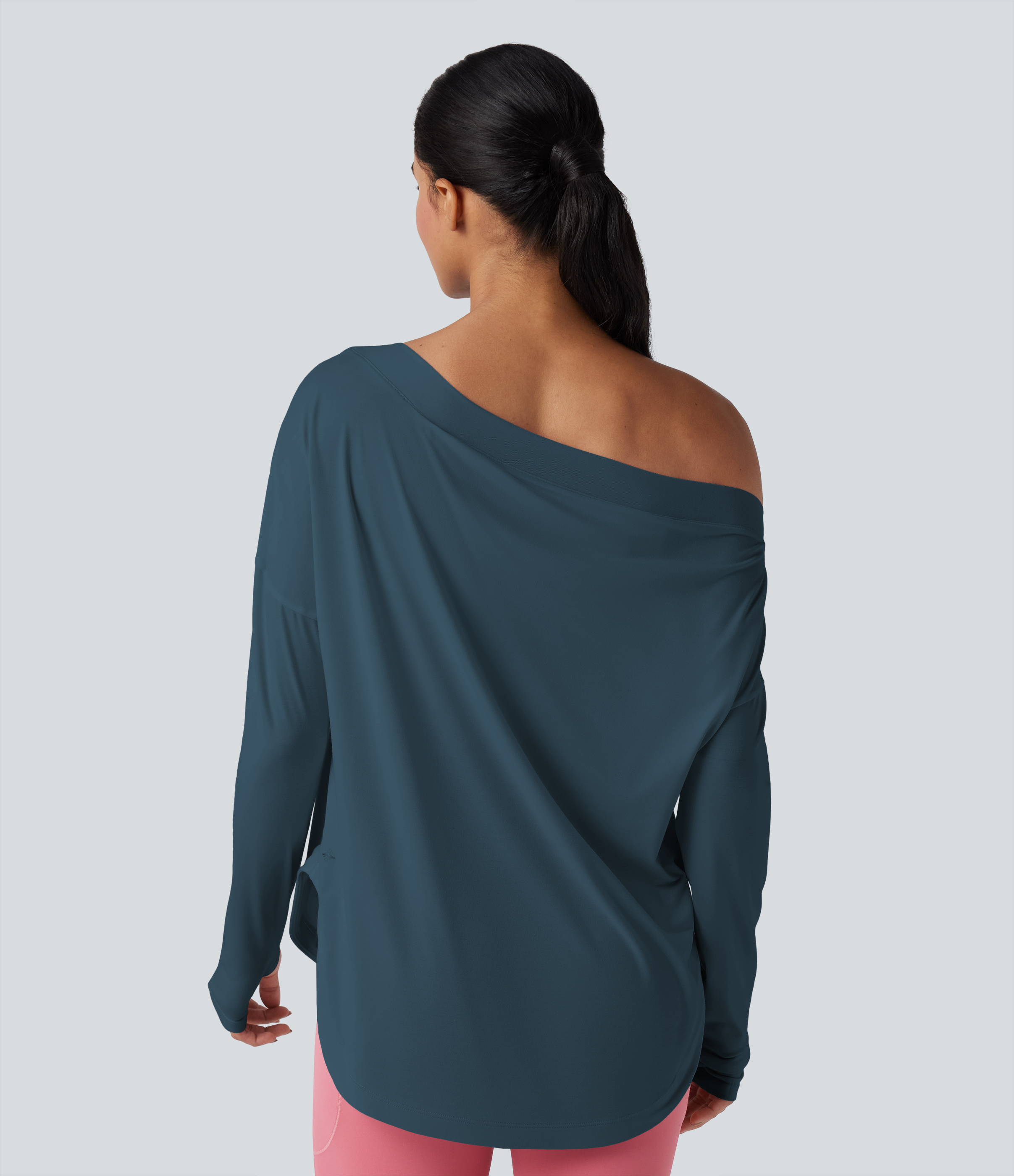 One Shoulder Long Sleeve Thumb Hole Curved Hem High Low Quick Dry Yoga Sports Top-Built-in Bra - Majolica Blue