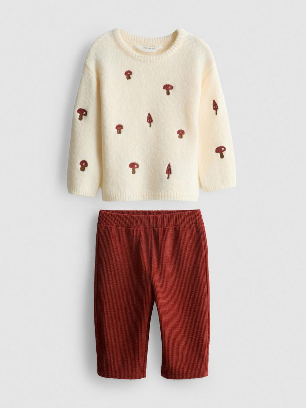 0-18mths | Embroidered Sweater and Pants Newborn Set - Cream