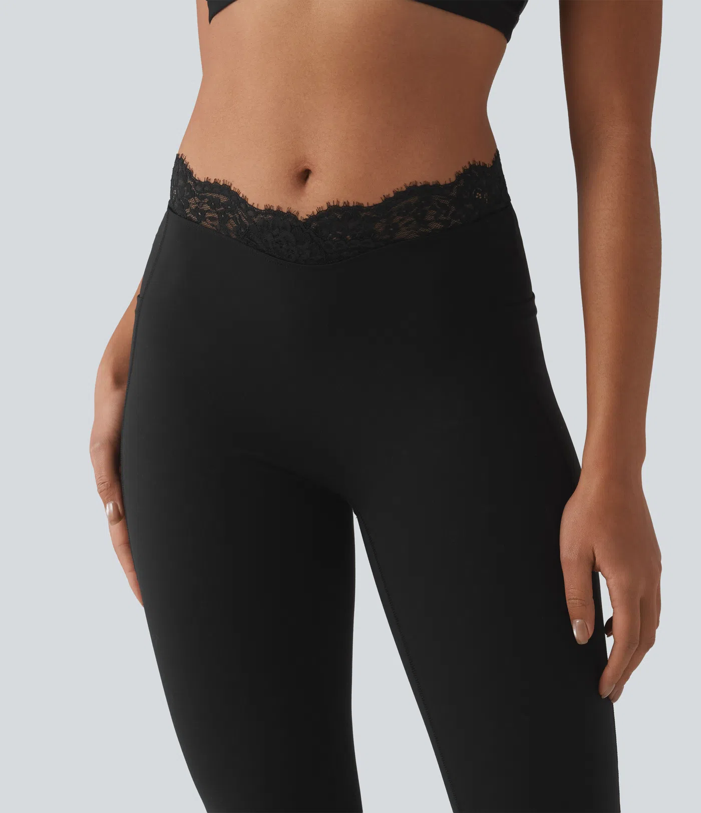 Halara UltraSculpt™ V-Shaped High Waisted Contrast Lace Yoga Flare Leggings with Pockets - Black - 5