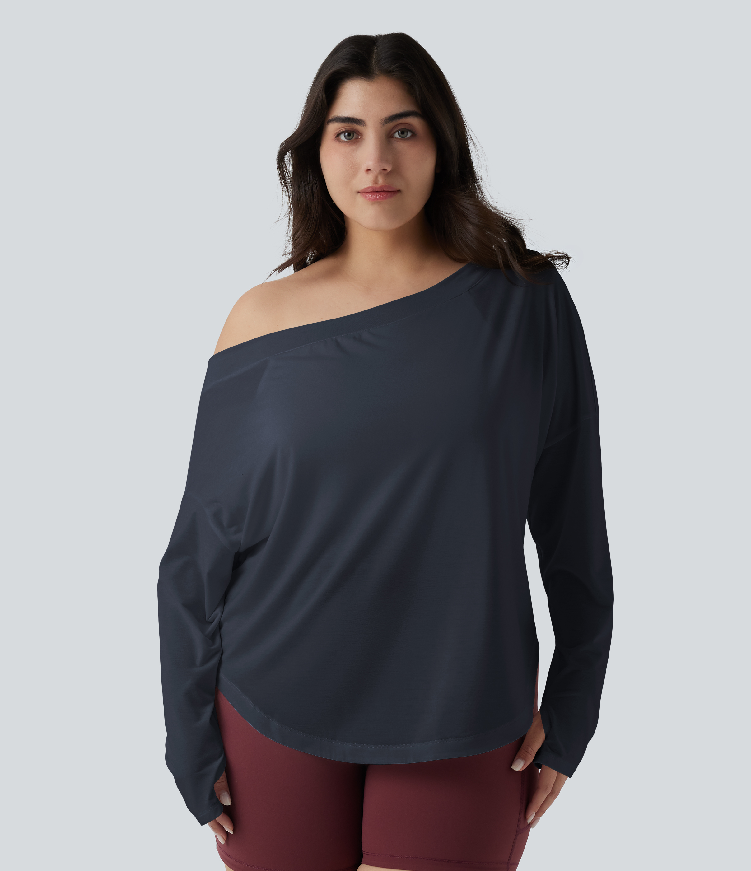 One Shoulder Long Sleeve Thumb Hole Curved Hem High Low Quick Dry Yoga Sports Top-Built-in Bra - Mood Indigo