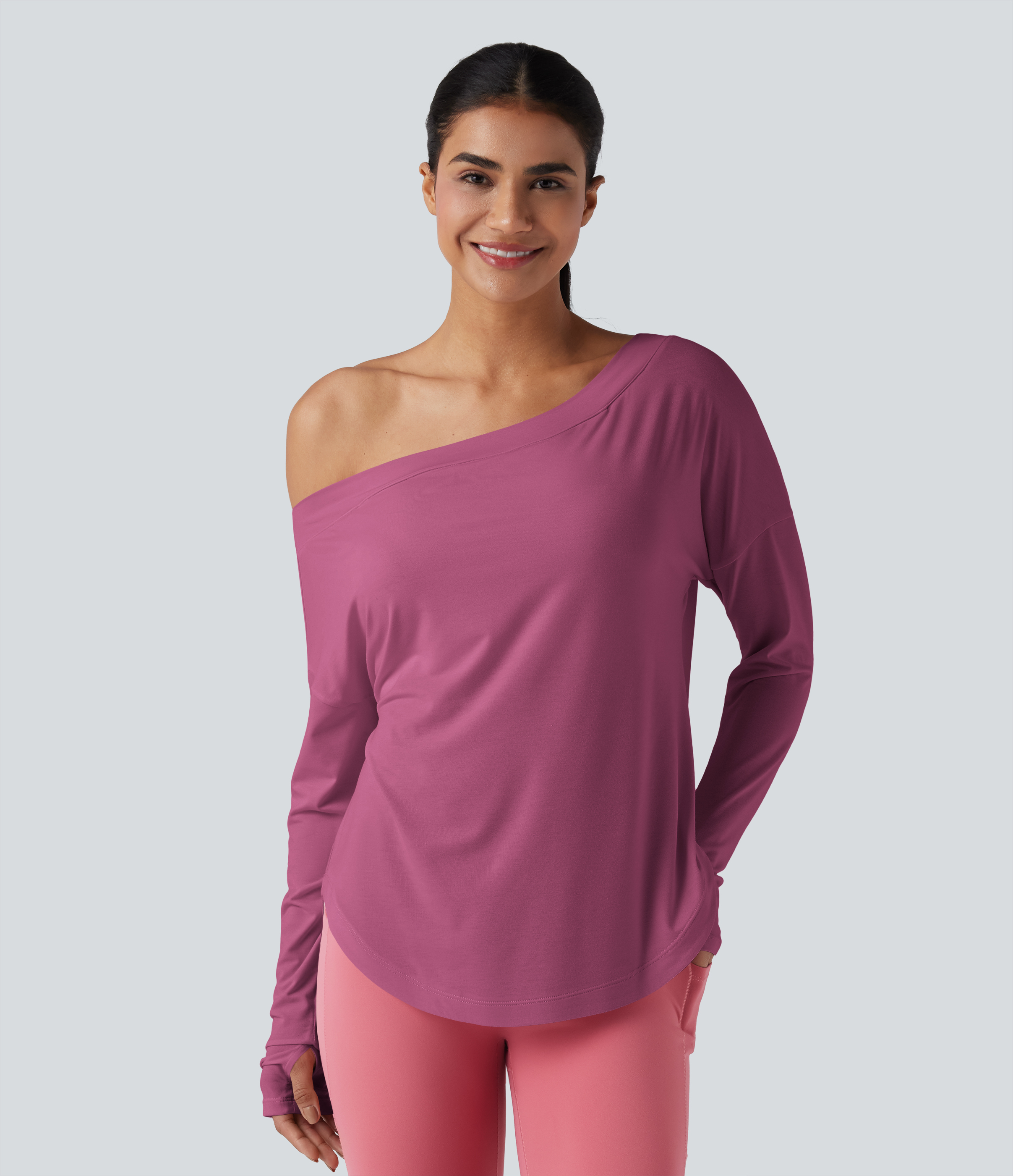 One Shoulder Long Sleeve Thumb Hole Curved Hem High Low Quick Dry Yoga Sports Top-Built-in Bra - Fuchsia Fedora