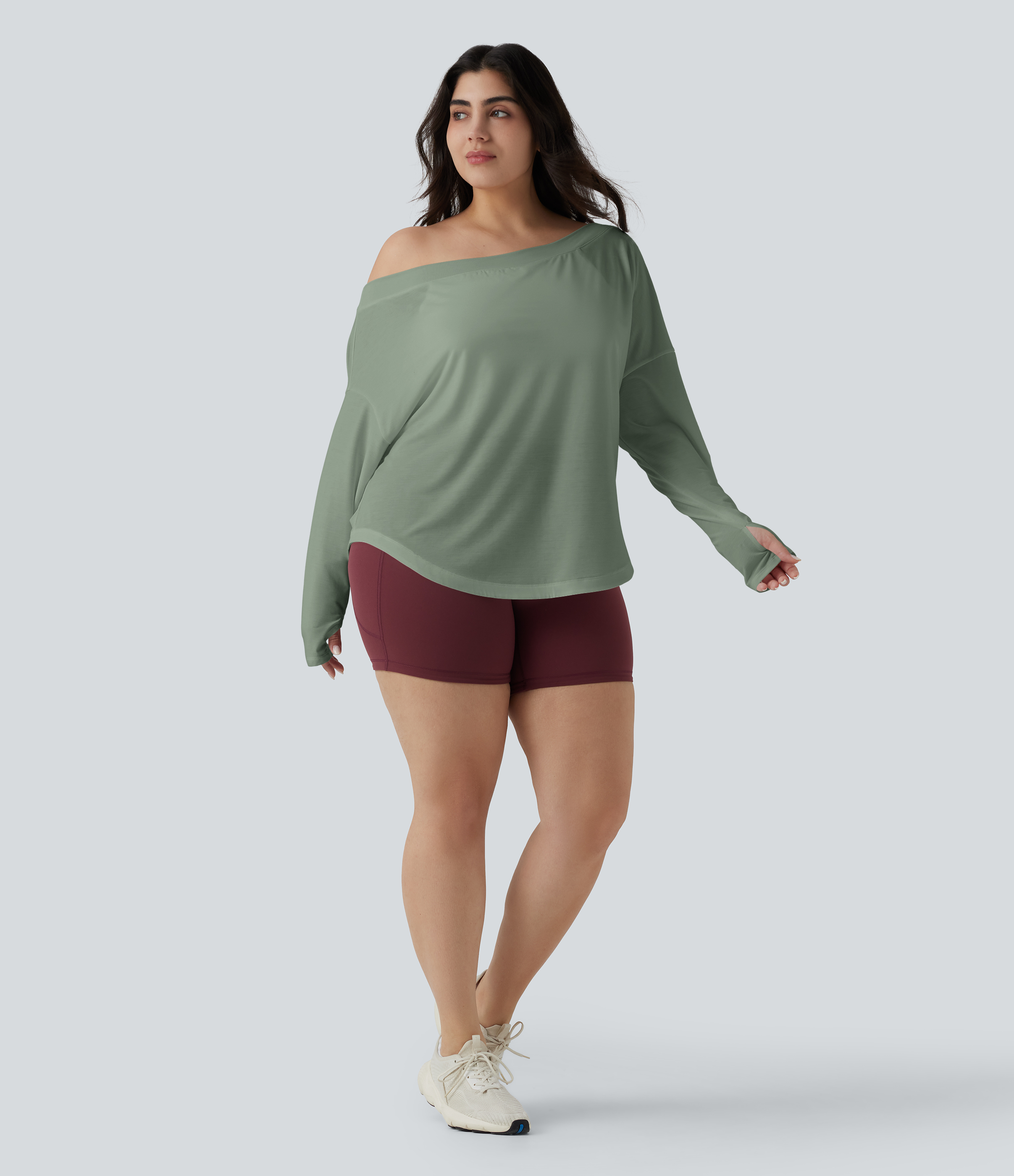 One Shoulder Long Sleeve Thumb Hole Curved Hem High Low Quick Dry Yoga Sports Top-Built-in Bra - Iceberg Green