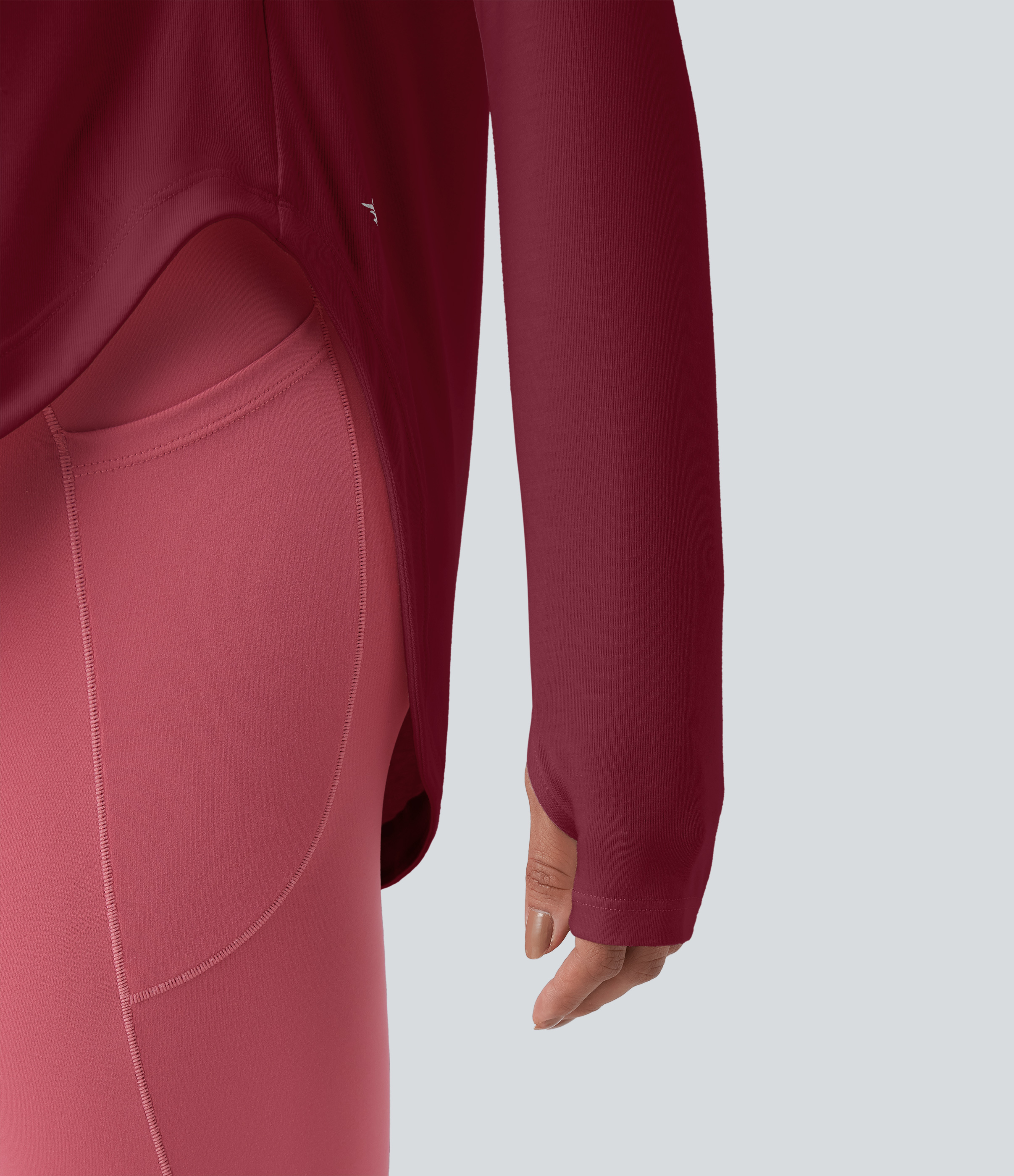 One Shoulder Long Sleeve Thumb Hole Curved Hem High Low Quick Dry Yoga Sports Top-Built-in Bra - Tibetan Red