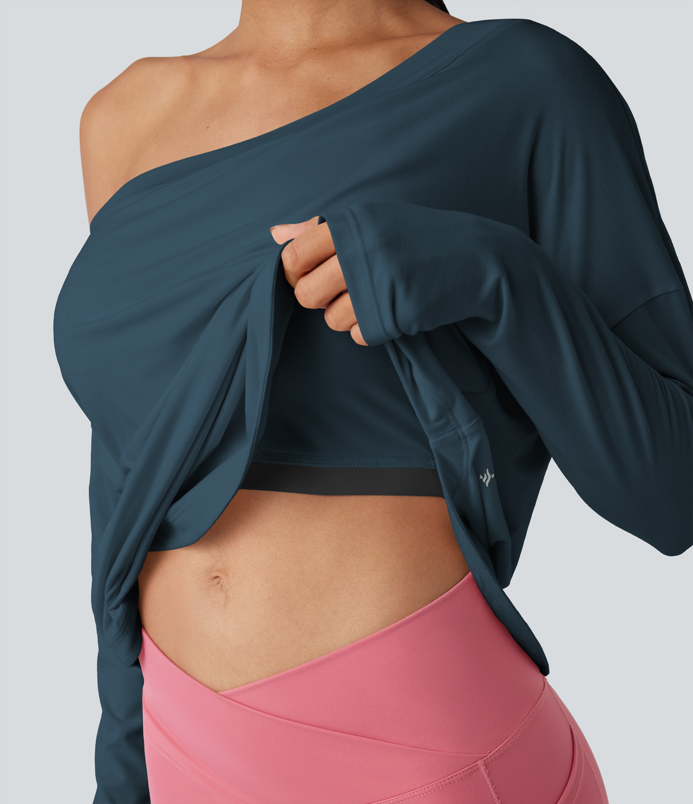 One Shoulder Long Sleeve Thumb Hole Curved Hem High Low Quick Dry Yoga Sports Top-Built-in Bra - Majolica Blue