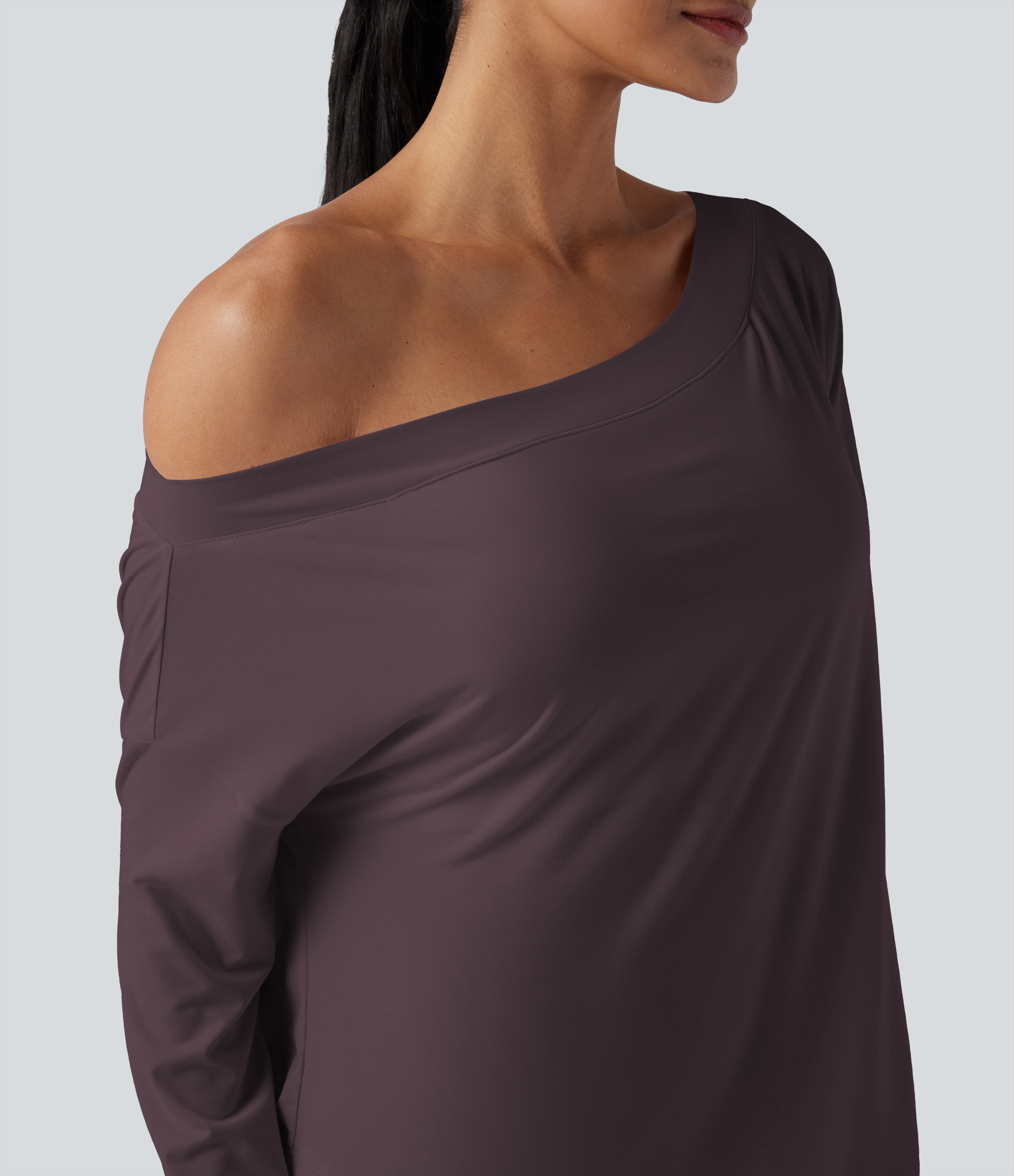 One Shoulder Long Sleeve Thumb Hole Curved Hem High Low Quick Dry Yoga Sports Top-Built-in Bra - Night's Purple