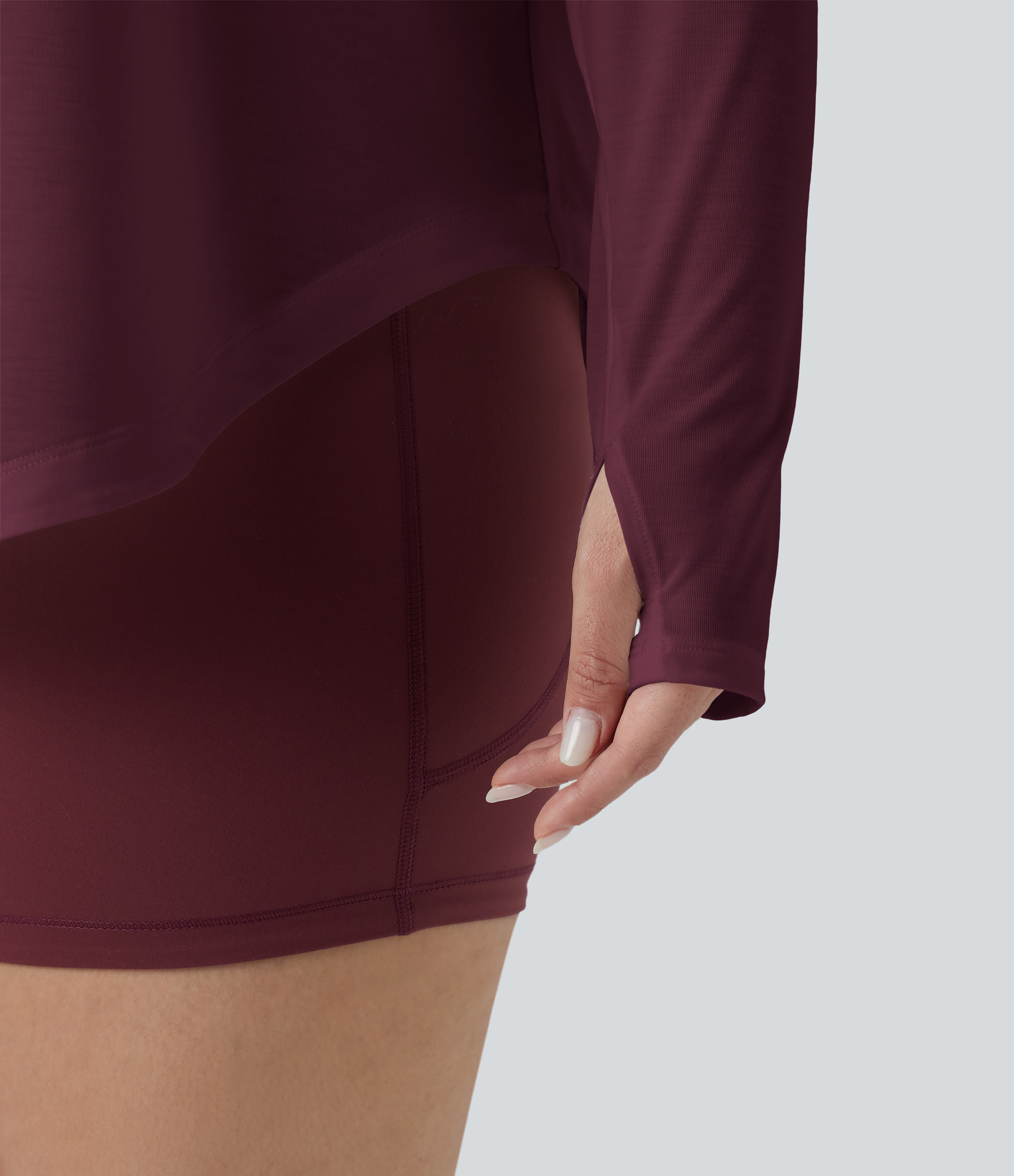 One Shoulder Long Sleeve Thumb Hole Curved Hem High Low Quick Dry Yoga Sports Top-Built-in Bra - Tibetan Red