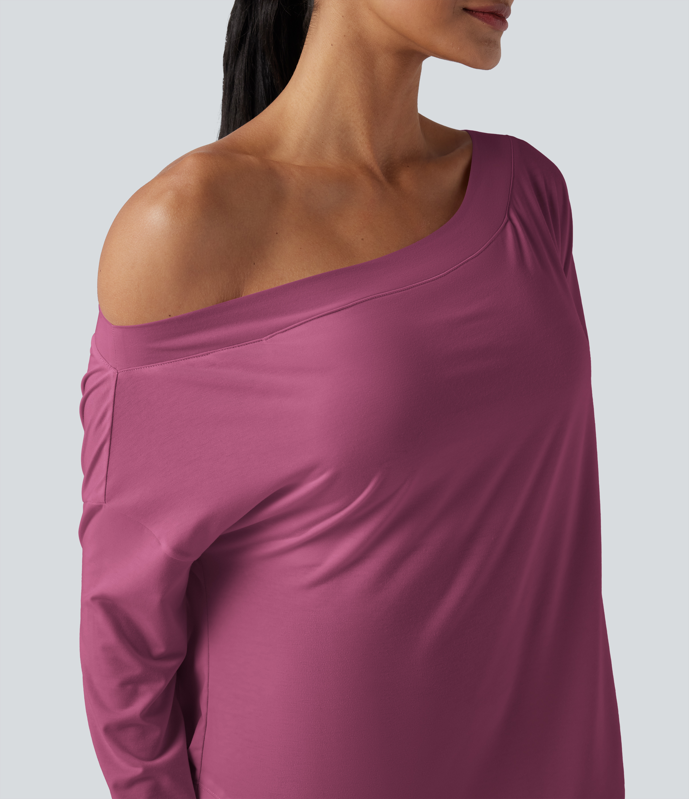 One Shoulder Long Sleeve Thumb Hole Curved Hem High Low Quick Dry Yoga Sports Top-Built-in Bra - Fuchsia Fedora