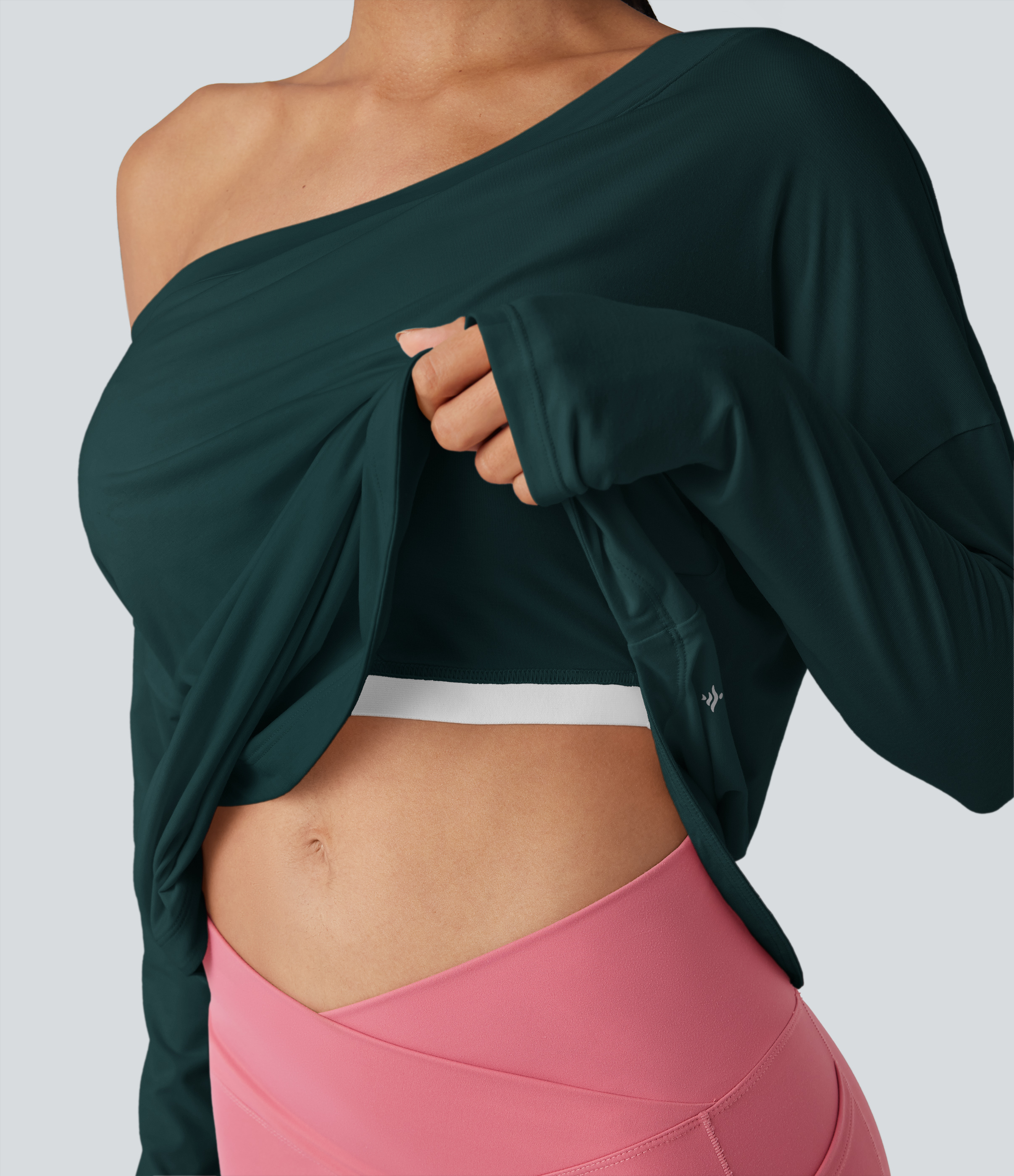 One Shoulder Long Sleeve Thumb Hole Curved Hem High Low Quick Dry Yoga Sports Top-Built-in Bra - Copper Green