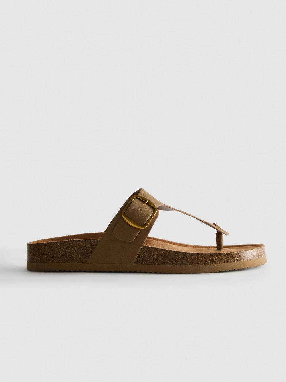 T-Bar Buckle Toe Post Sandals - Taupe