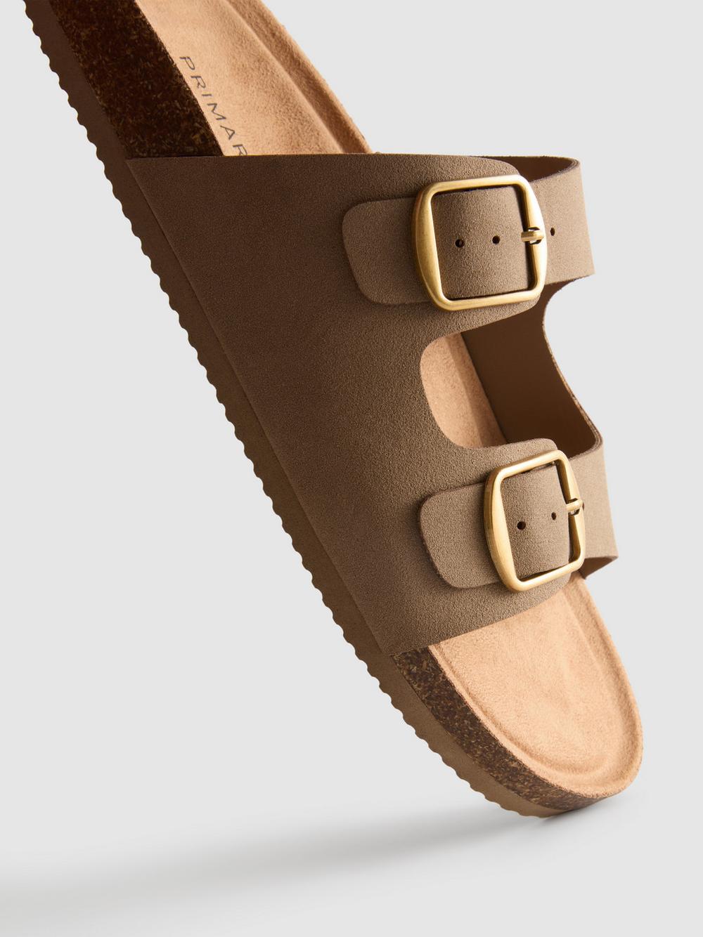 Double Buckle-Strap Mule Sandals - Taupe