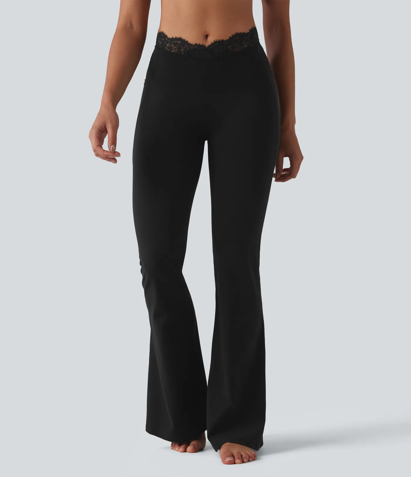 Halara UltraSculpt™ V-Shaped High Waisted Contrast Lace Yoga Flare Leggings with Pockets - Black - 3