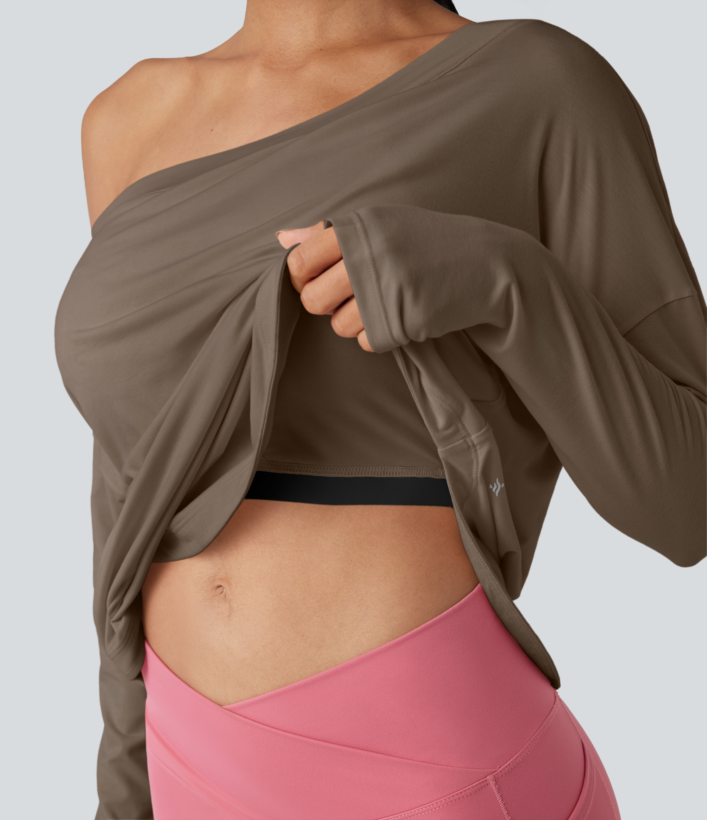 One Shoulder Long Sleeve Thumb Hole Curved Hem High Low Quick Dry Yoga Sports Top-Built-in Bra - Dawn Brown
