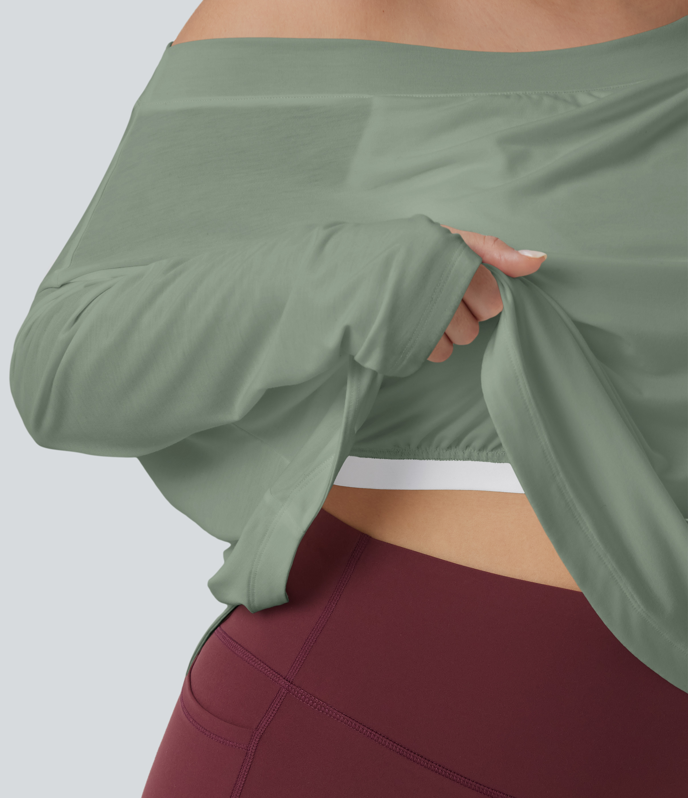 One Shoulder Long Sleeve Thumb Hole Curved Hem High Low Quick Dry Yoga Sports Top-Built-in Bra - Iceberg Green
