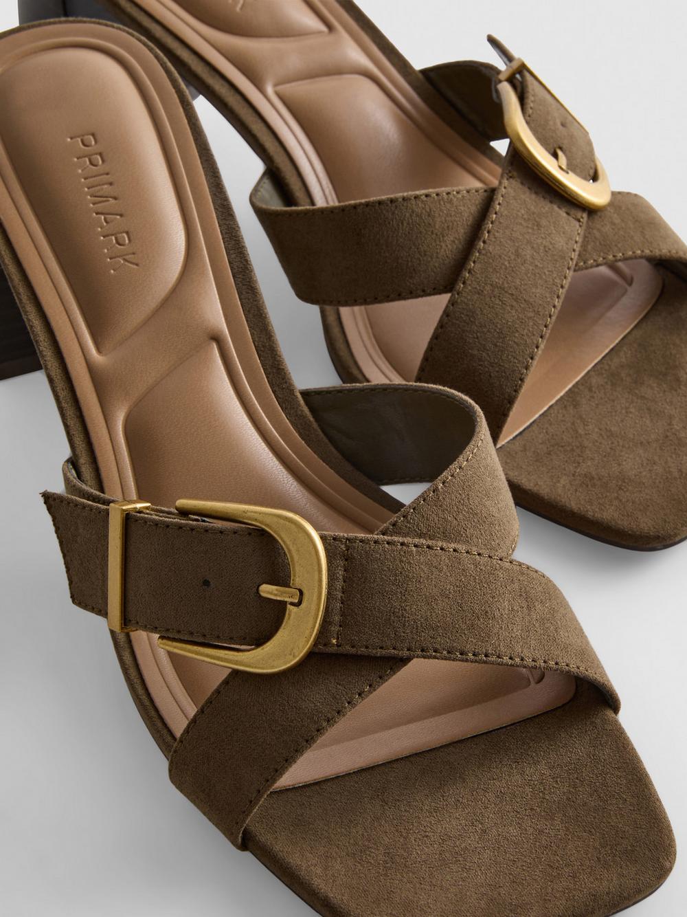 Buckle Block Heel Mule Sandals - Olive