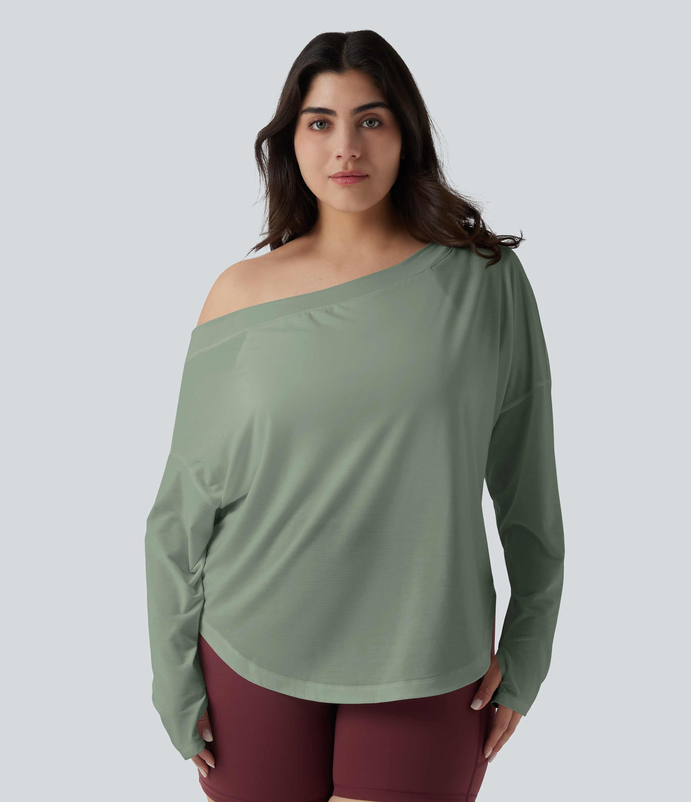 One Shoulder Long Sleeve Thumb Hole Curved Hem High Low Quick Dry Yoga Sports Top-Built-in Bra - Iceberg Green