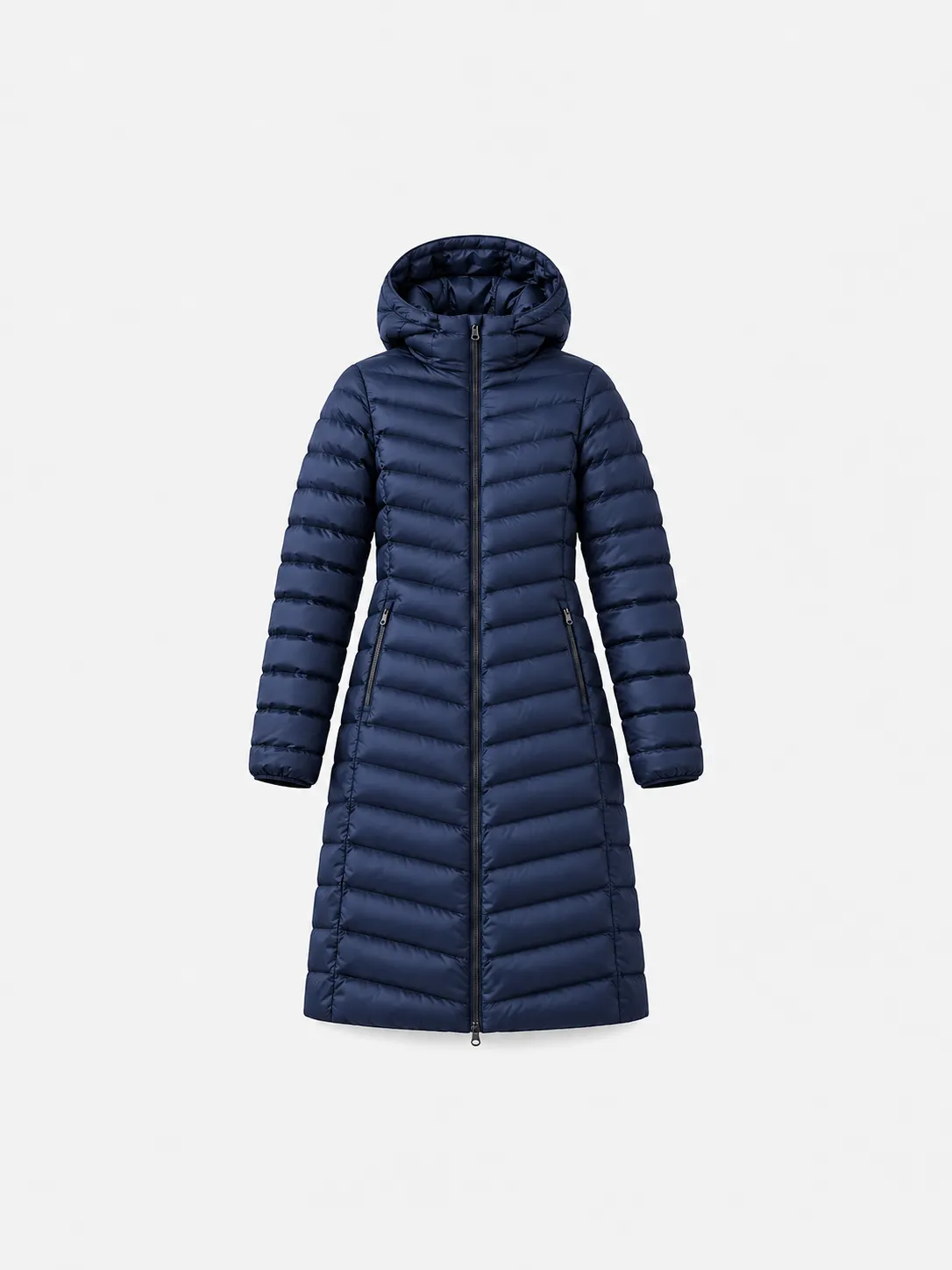 Navy Blue Longline Chevron Quilted Hooded Coat