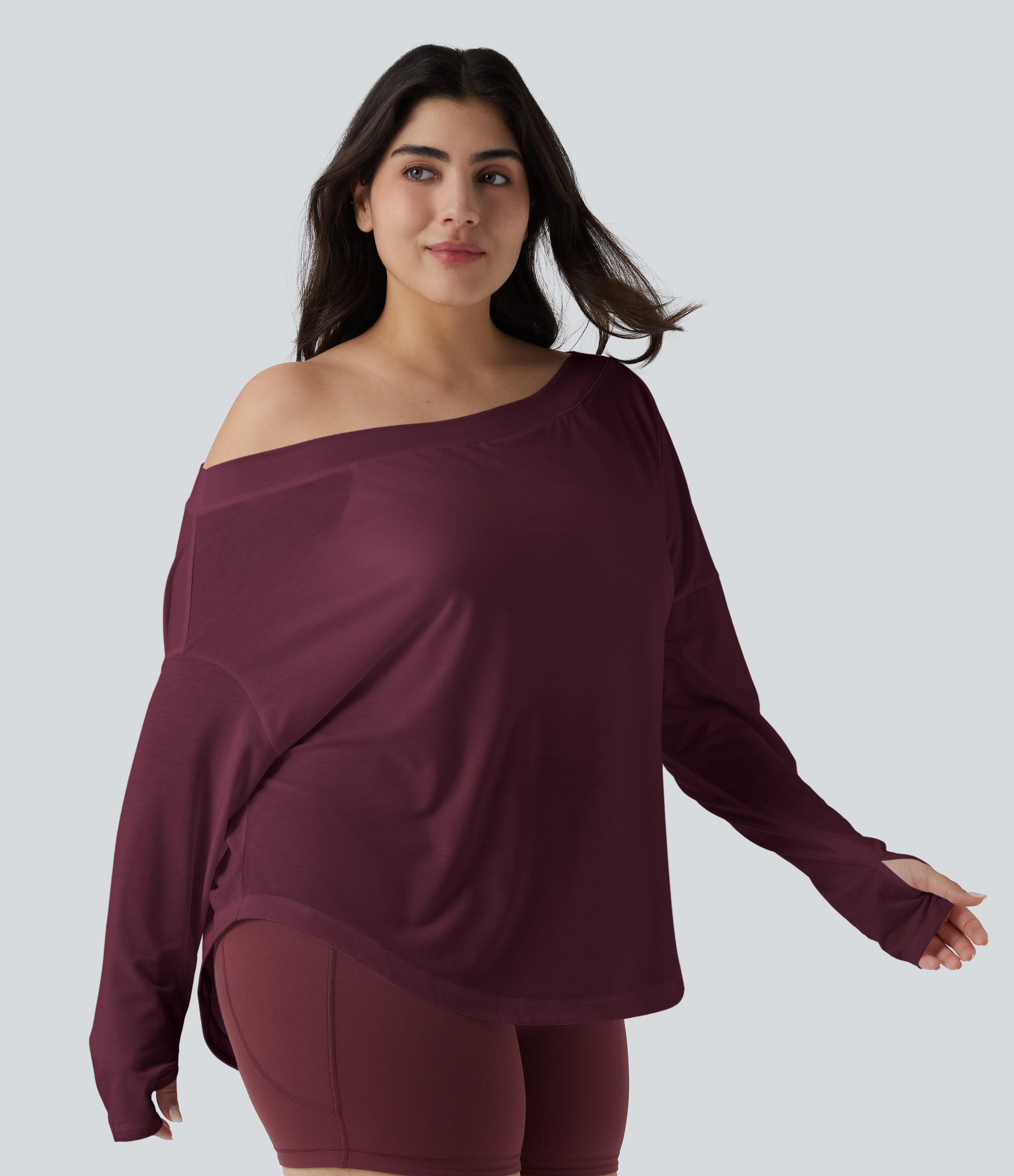 One Shoulder Long Sleeve Thumb Hole Curved Hem High Low Quick Dry Yoga Sports Top-Built-in Bra - Tibetan Red