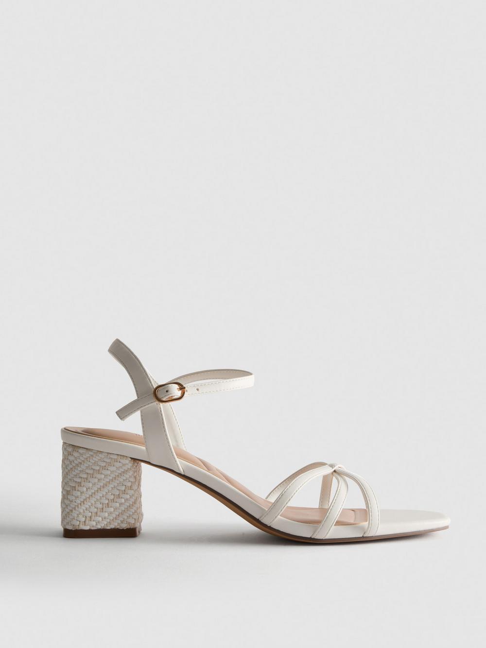 Strappy Woven Block Heel Sandals - White
