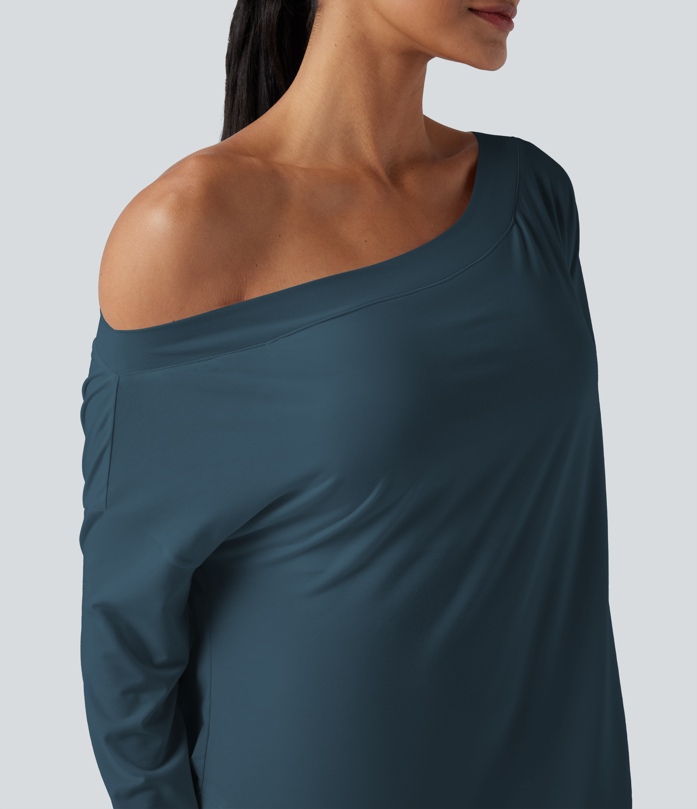 One Shoulder Long Sleeve Thumb Hole Curved Hem High Low Quick Dry Yoga Sports Top-Built-in Bra - Majolica Blue