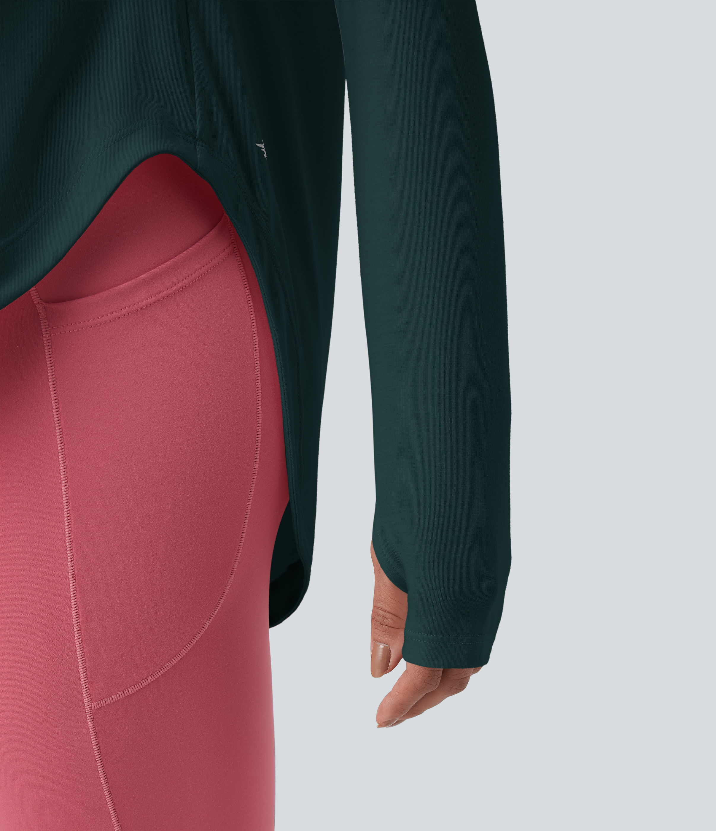 One Shoulder Long Sleeve Thumb Hole Curved Hem High Low Quick Dry Yoga Sports Top-Built-in Bra - Copper Green