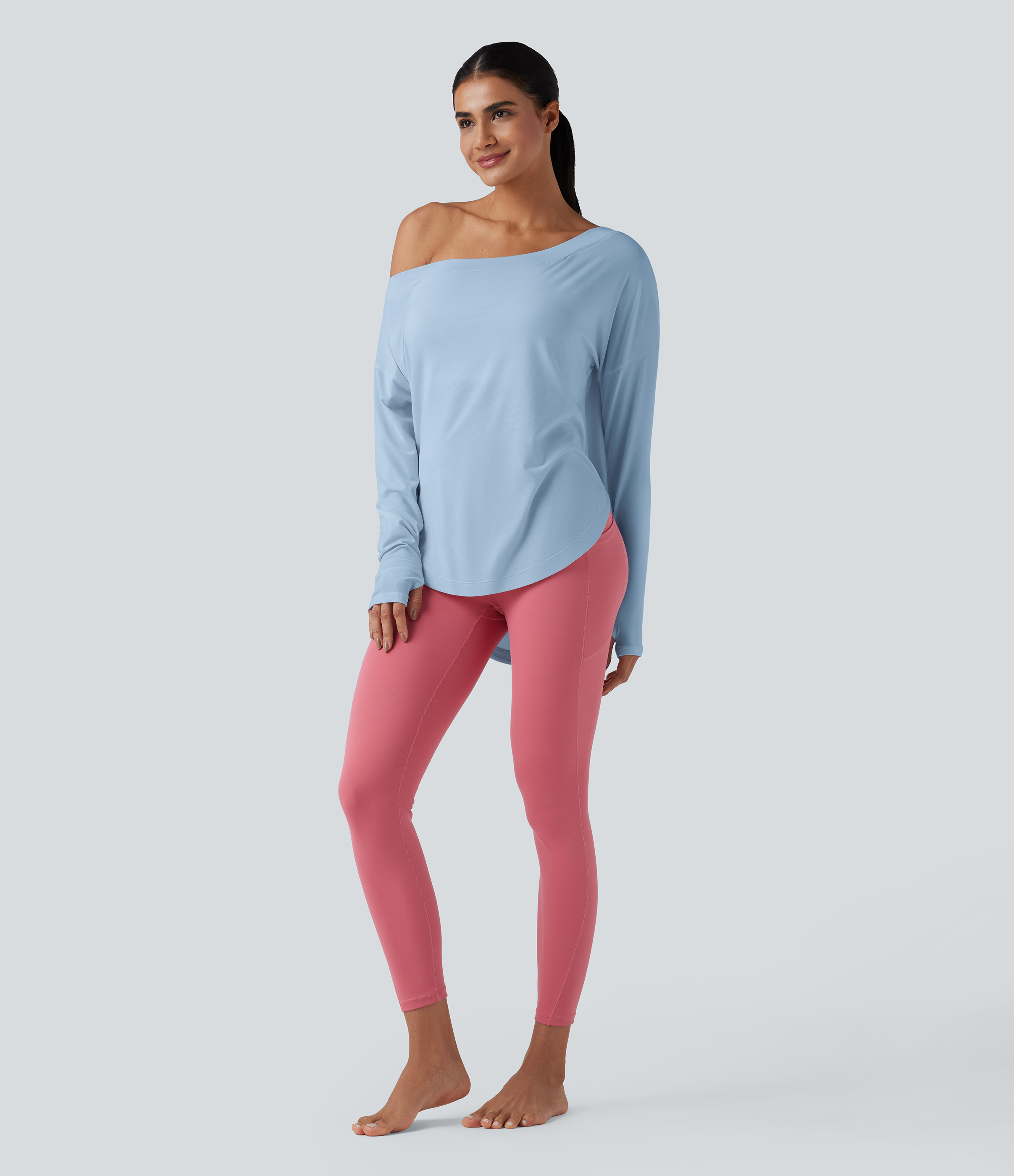 One Shoulder Long Sleeve Thumb Hole Curved Hem High Low Quick Dry Yoga Sports Top-Built-in Bra - Angel Falls