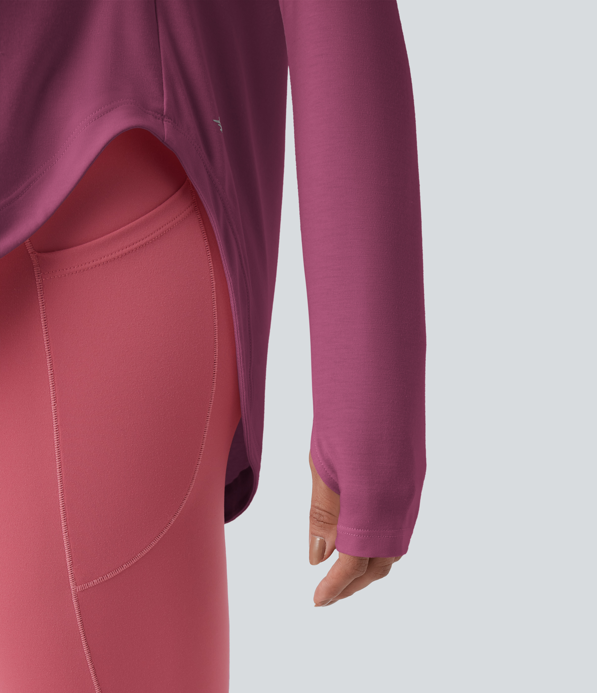 One Shoulder Long Sleeve Thumb Hole Curved Hem High Low Quick Dry Yoga Sports Top-Built-in Bra - Fuchsia Fedora