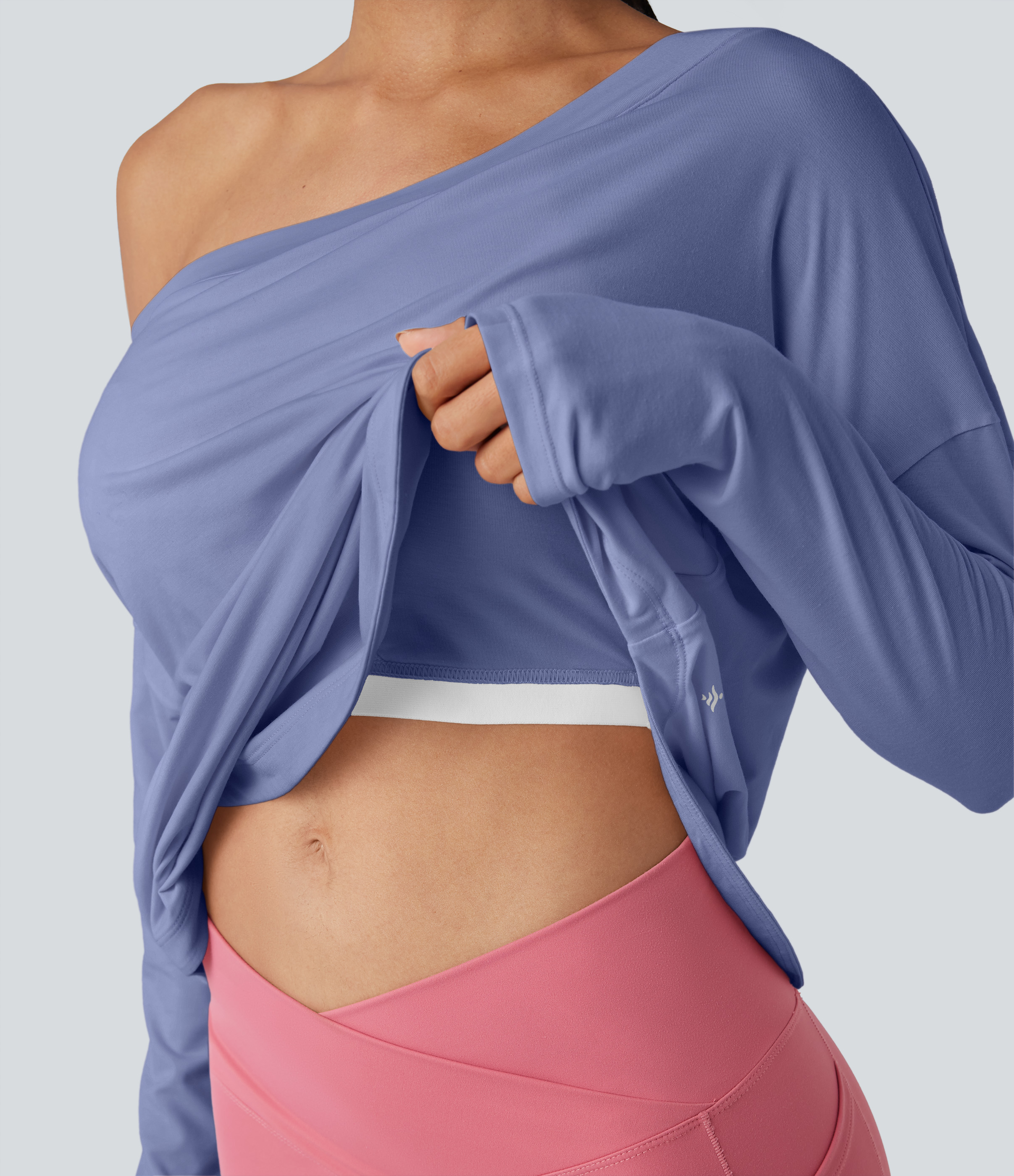 One Shoulder Long Sleeve Thumb Hole Curved Hem High Low Quick Dry Yoga Sports Top-Built-in Bra - Purple Impression