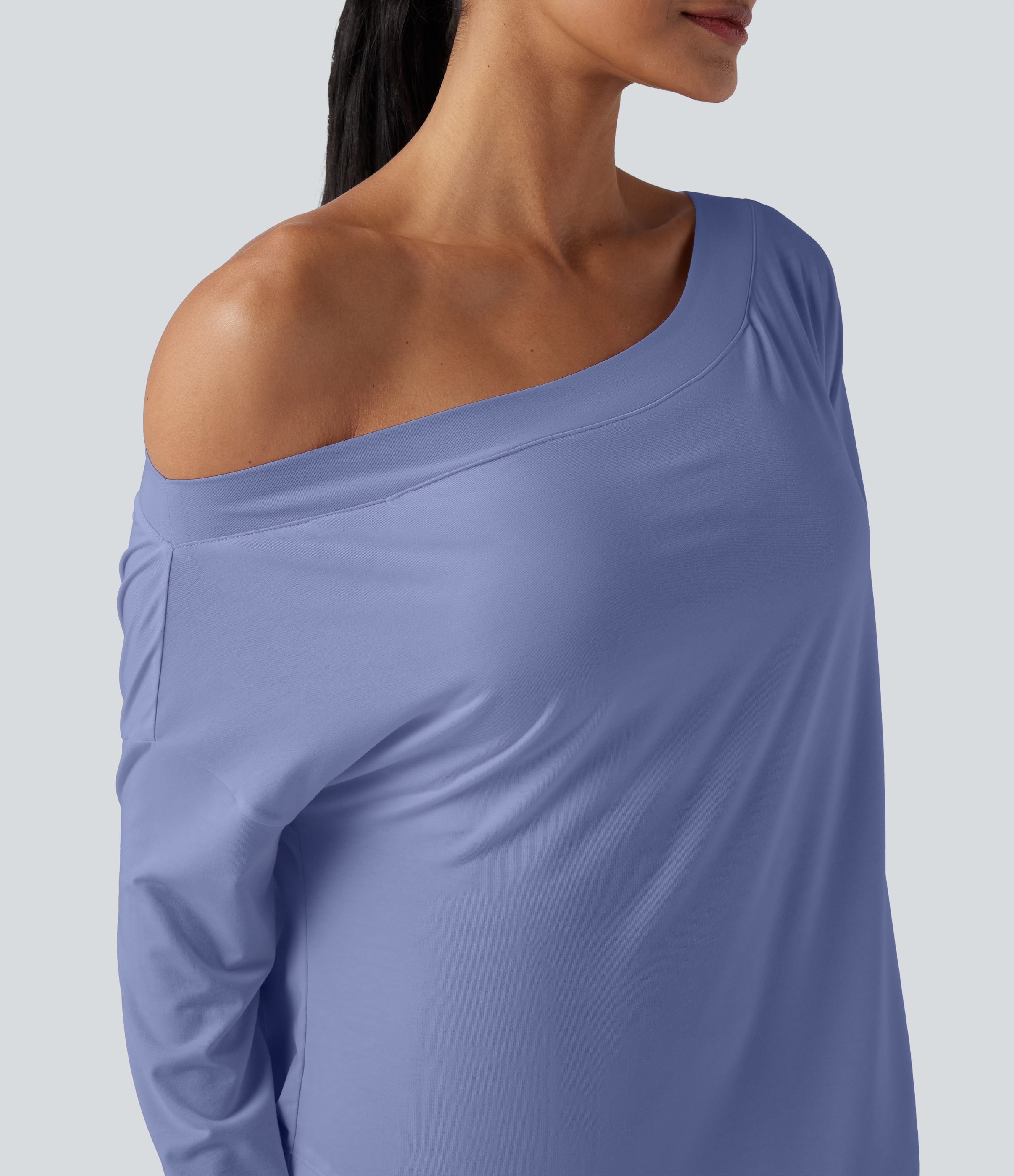 One Shoulder Long Sleeve Thumb Hole Curved Hem High Low Quick Dry Yoga Sports Top-Built-in Bra - Purple Impression