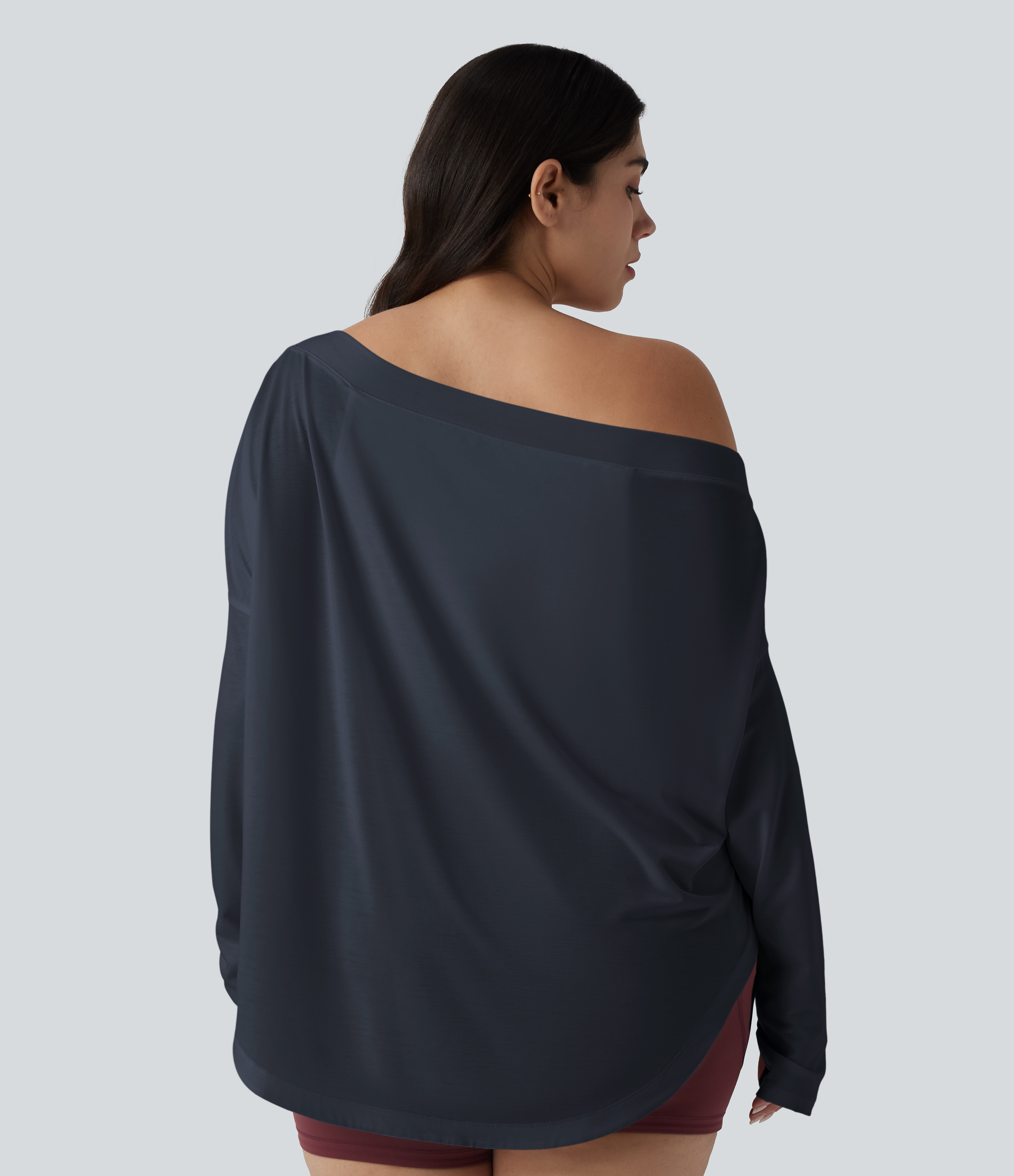 One Shoulder Long Sleeve Thumb Hole Curved Hem High Low Quick Dry Yoga Sports Top-Built-in Bra - Mood Indigo