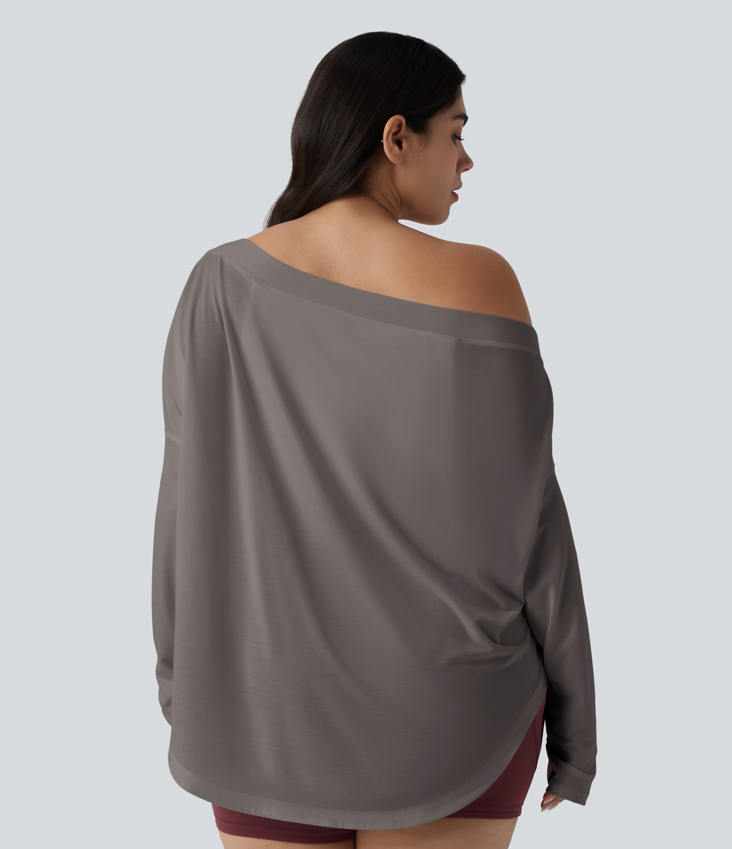 One Shoulder Long Sleeve Thumb Hole Curved Hem High Low Quick Dry Yoga Sports Top-Built-in Bra - Steel Gray