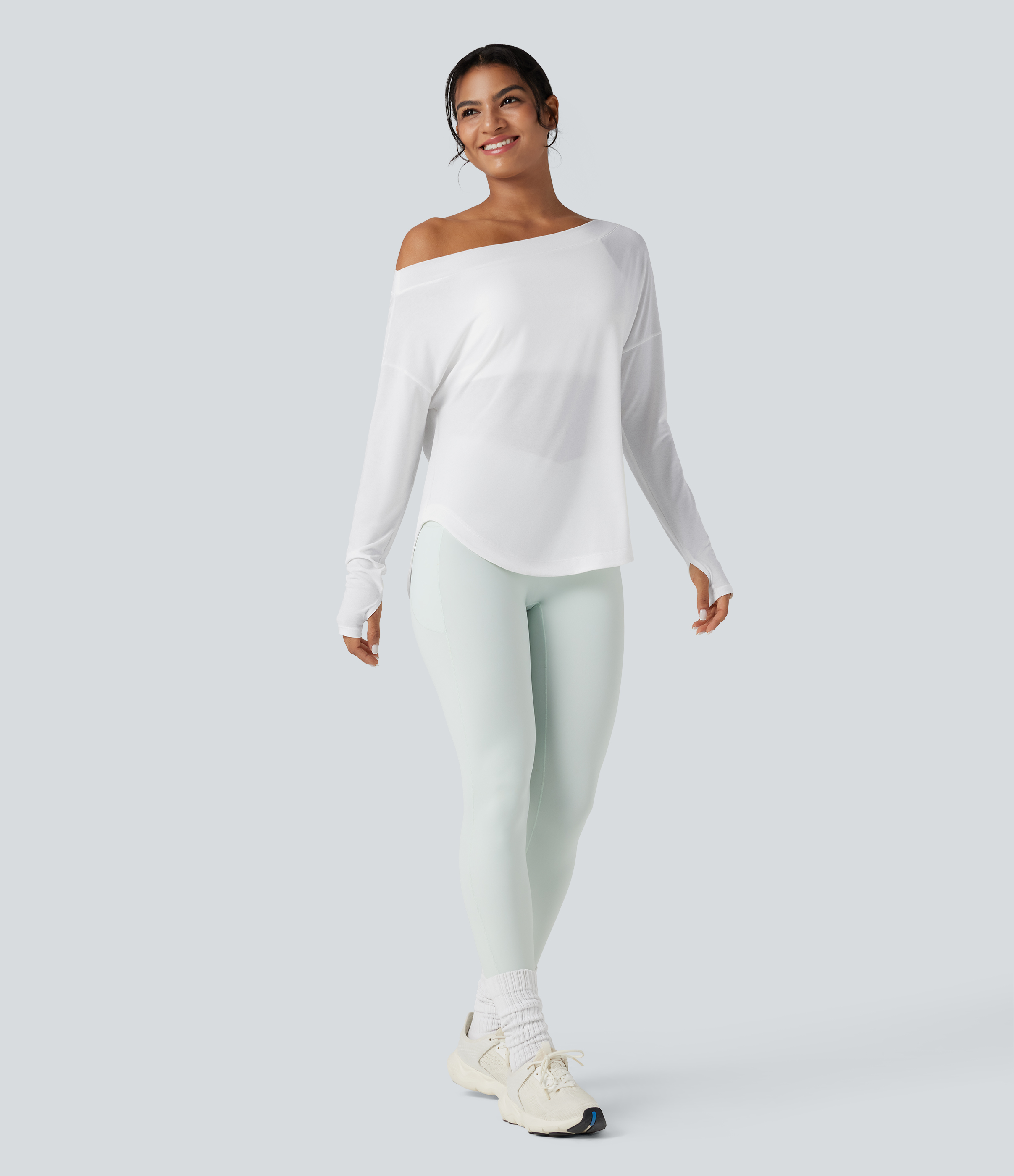One Shoulder Long Sleeve Thumb Hole Curved Hem High Low Quick Dry Yoga Sports Top-Built-in Bra - White