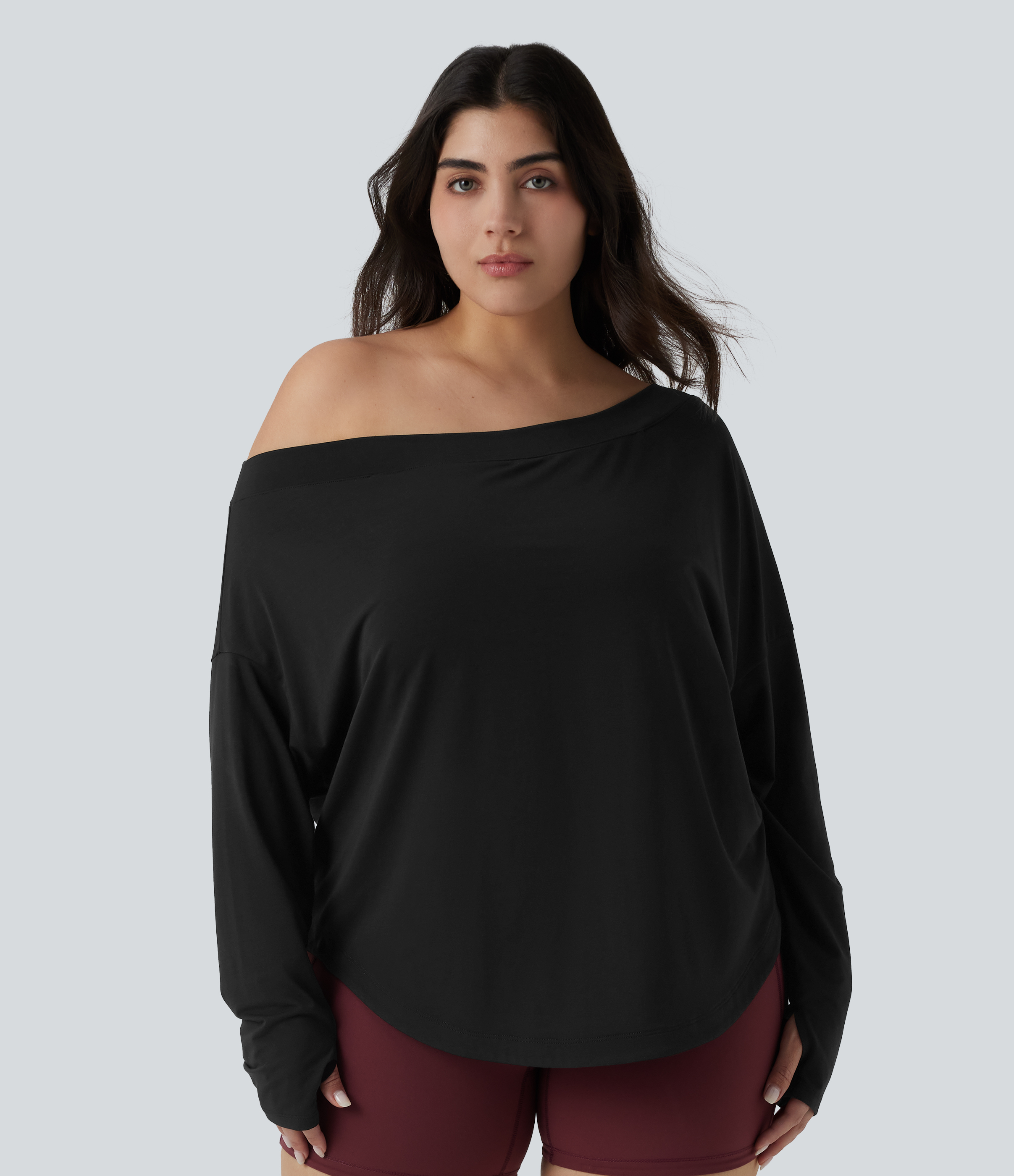 One Shoulder Long Sleeve Thumb Hole Curved Hem High Low Quick Dry Yoga Sports Top-Built-in Bra - Black